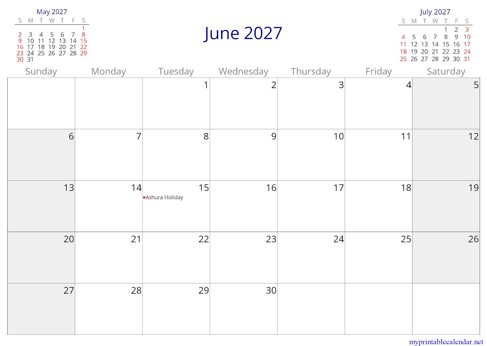 June 2027 monthly calendar, Mali, in English jpg