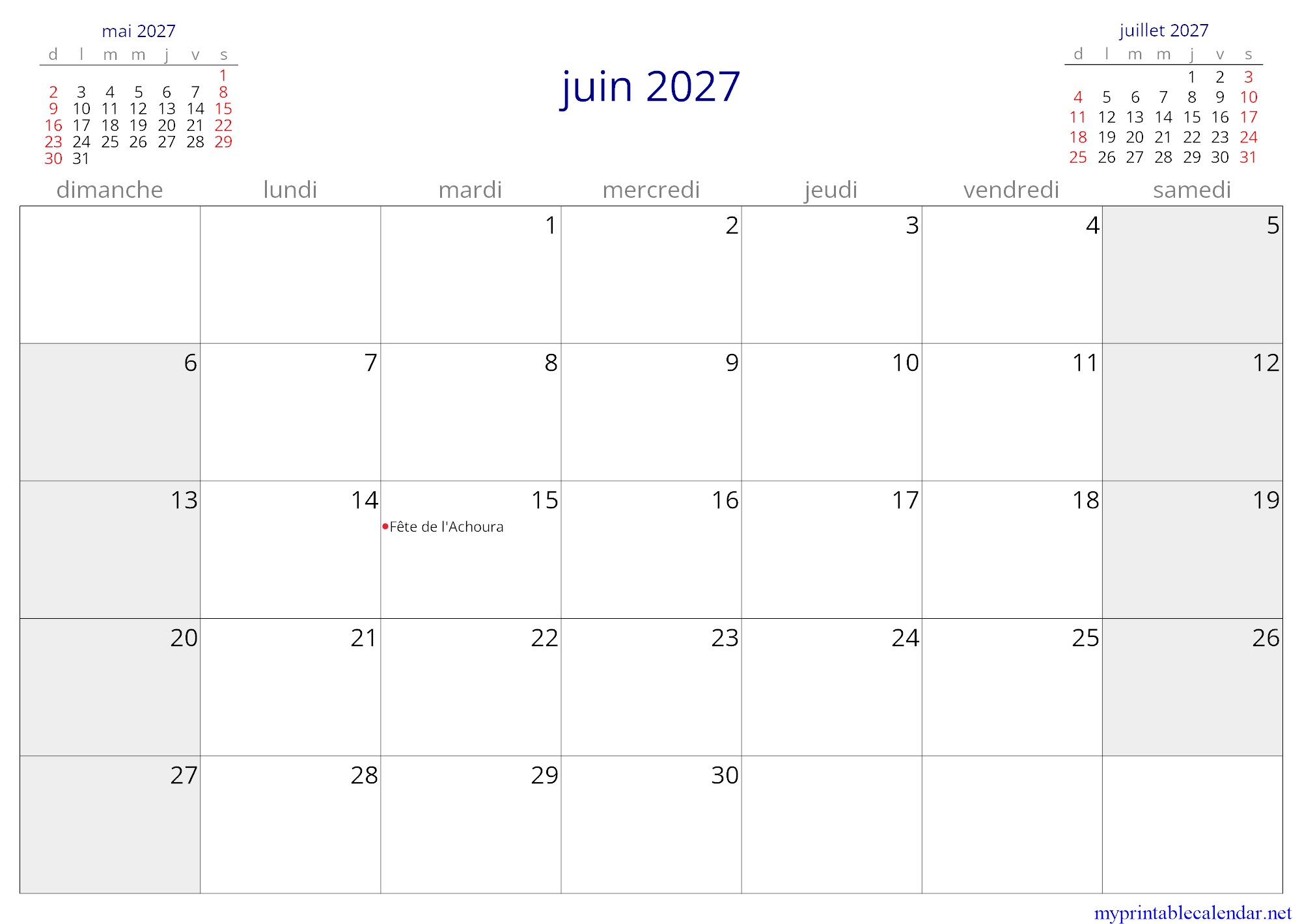 juin 2027 monthly calendar, Mali, French jpg