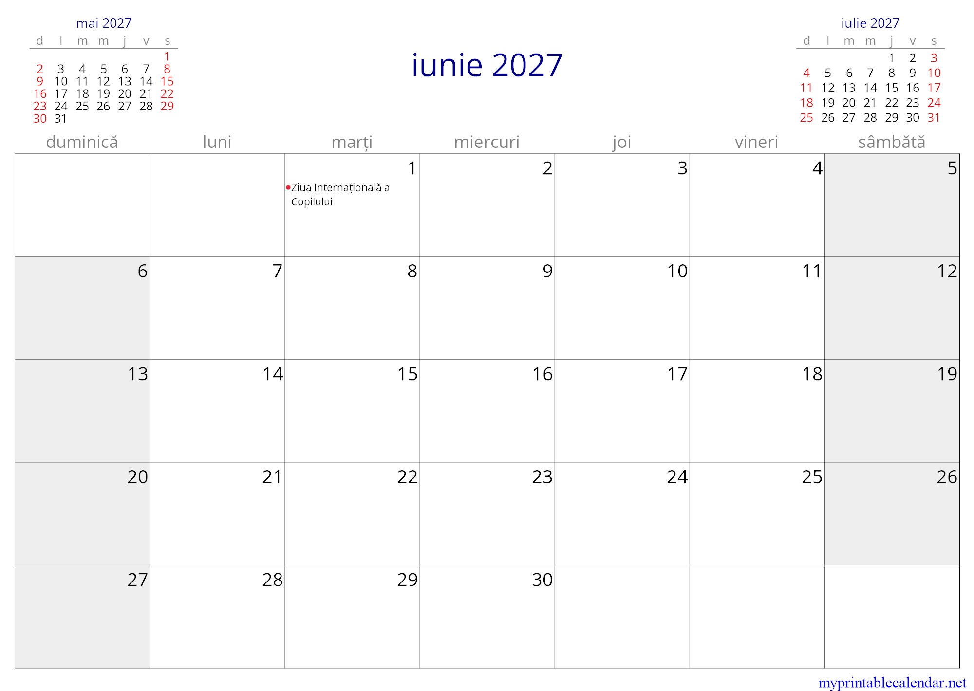 iunie 2027 monthly calendar, Moldova, Romanian jpg