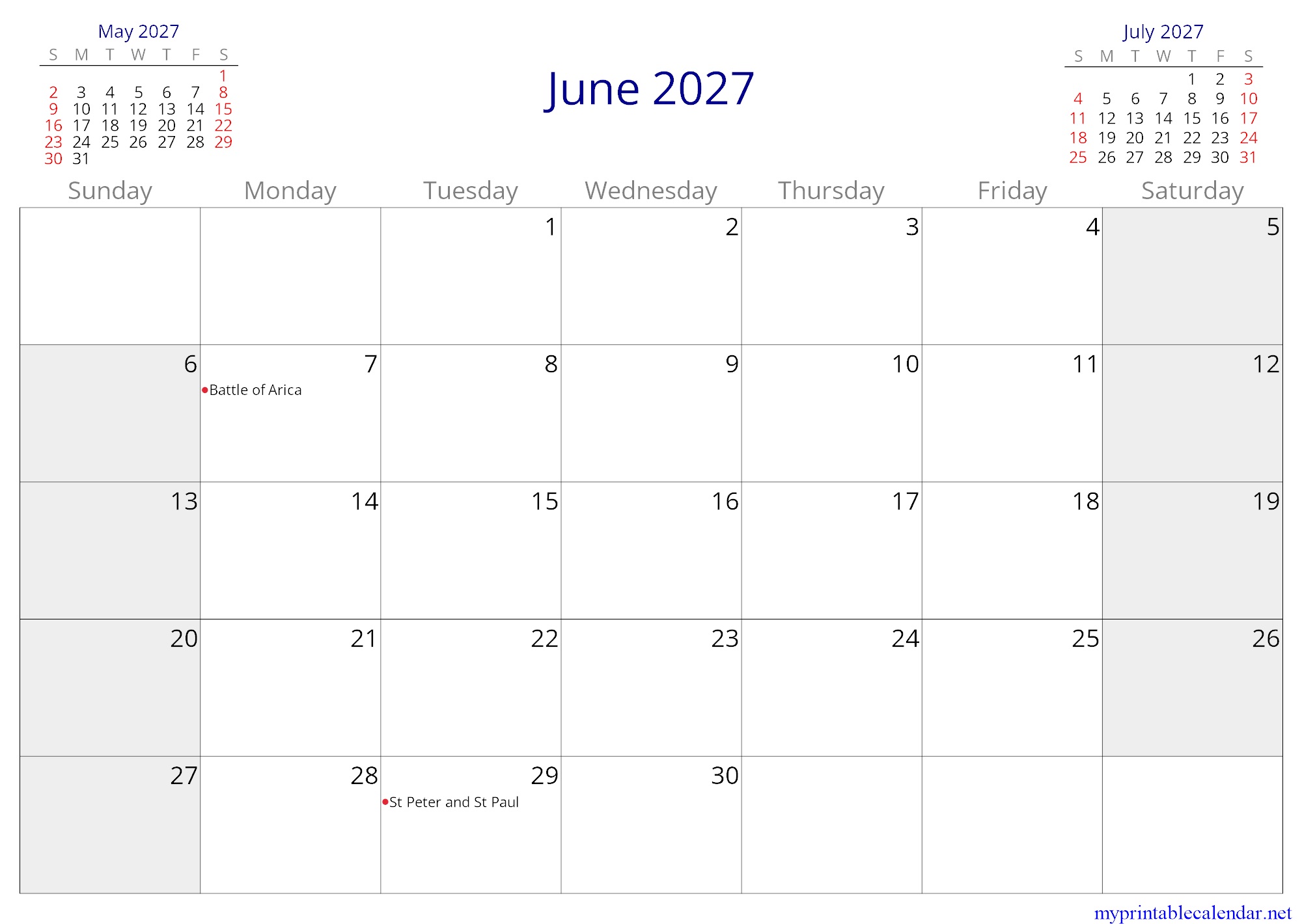 June 2027 monthly calendar, Peru, English jpg