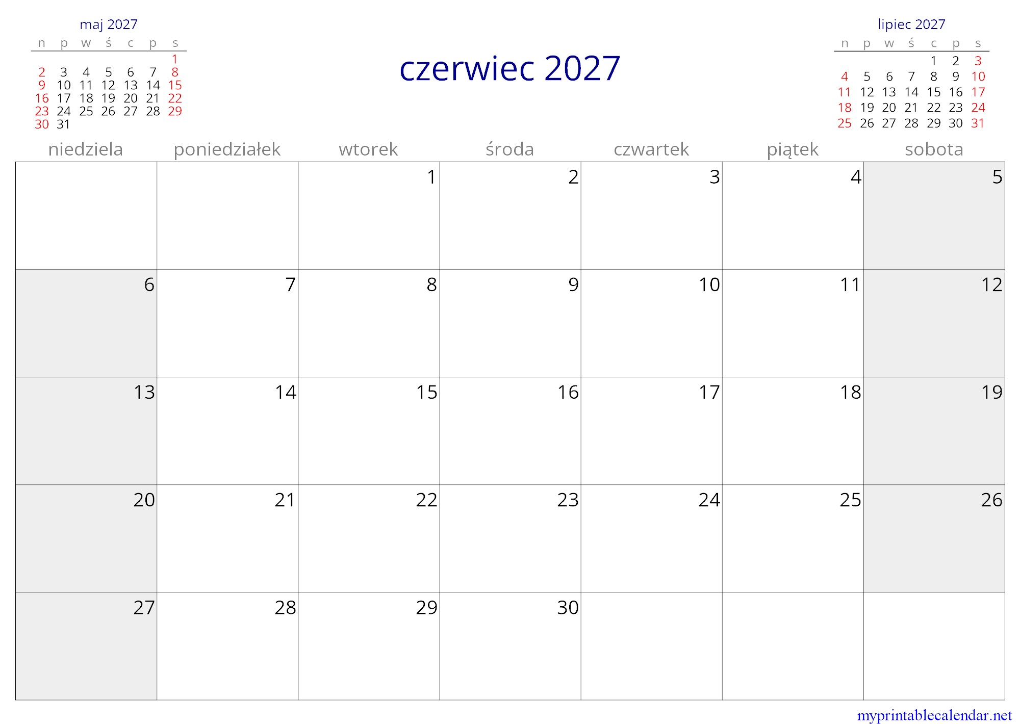 czerwiec 2027 monthly calendar, Poland, Polish jpg