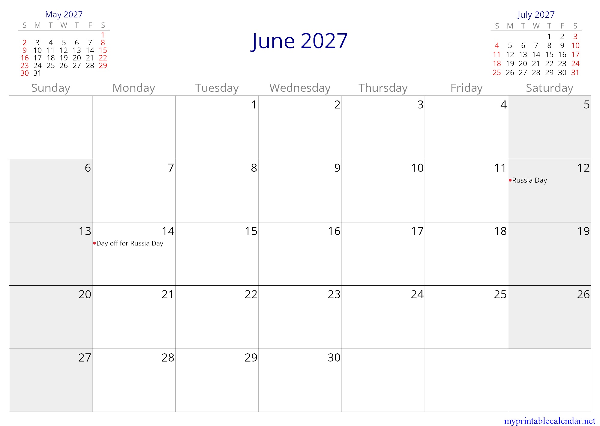 June 2027 monthly calendar, Russian Federation, English jpg