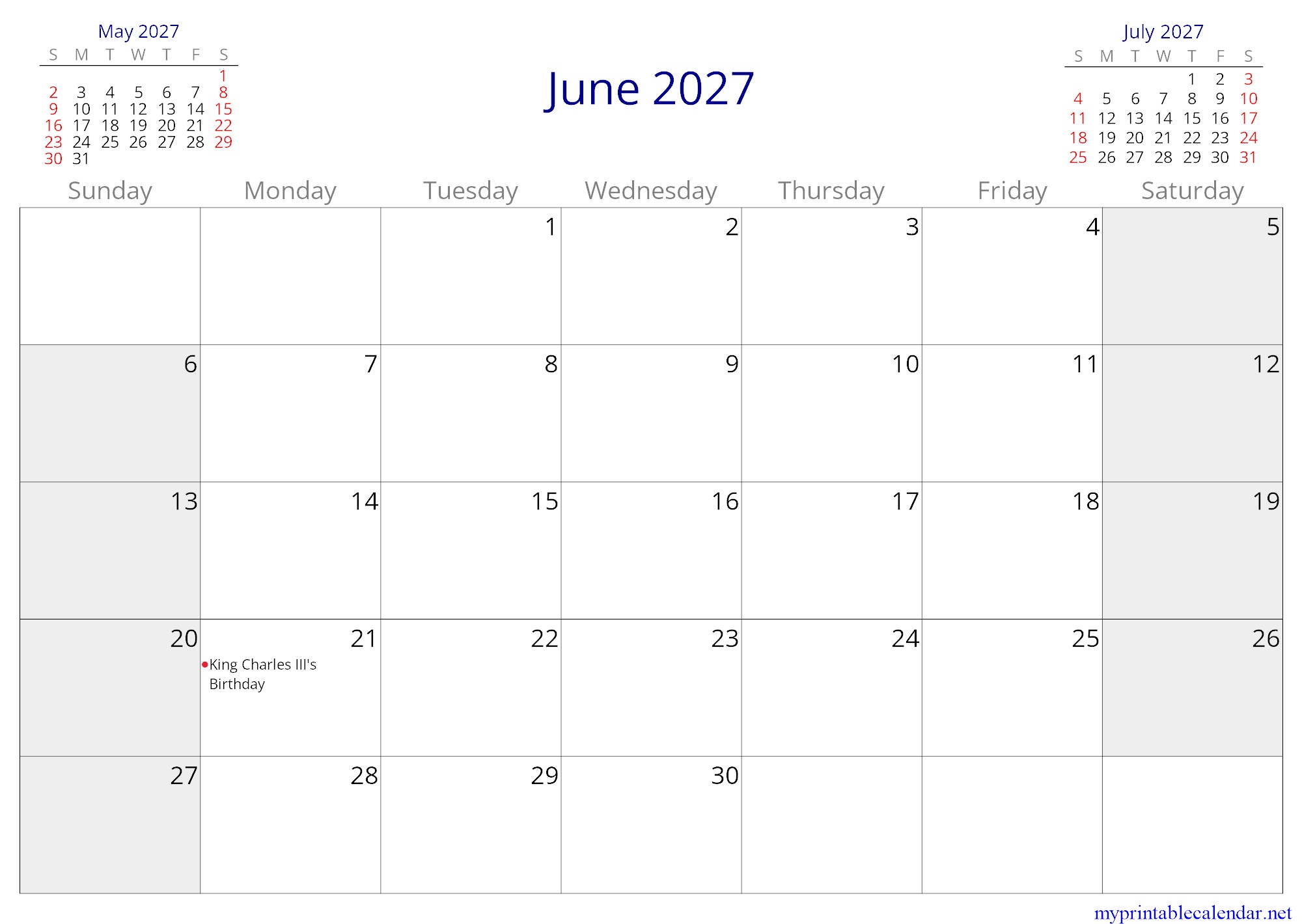 June 2027 monthly calendar, Saint Helena, Ascension and Tristan da Cunha, English jpg