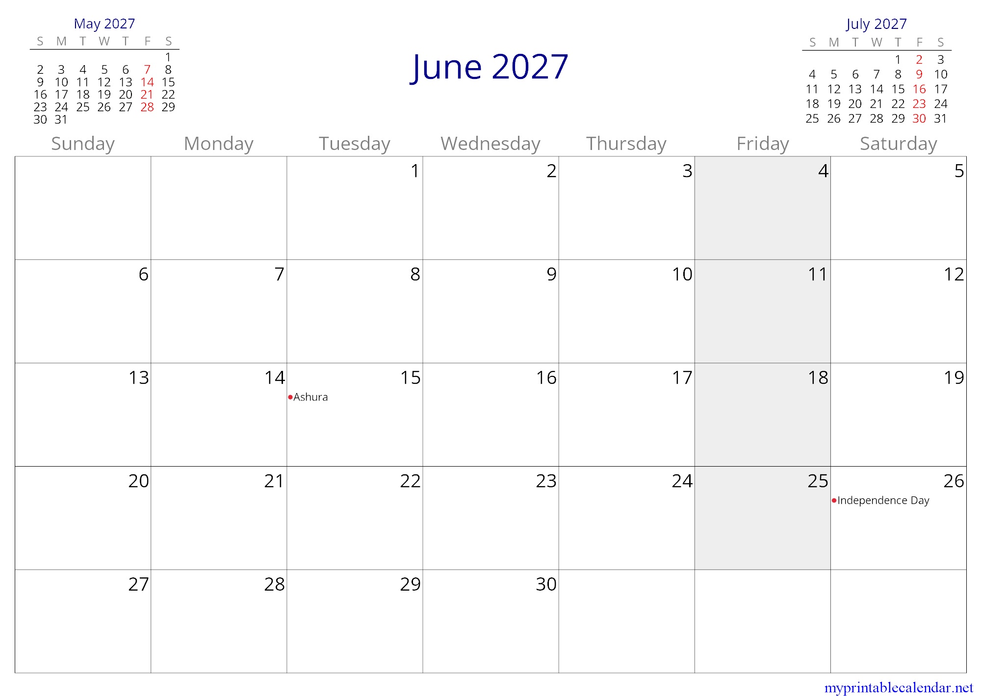 June 2027 monthly calendar, Somalia, in English jpg