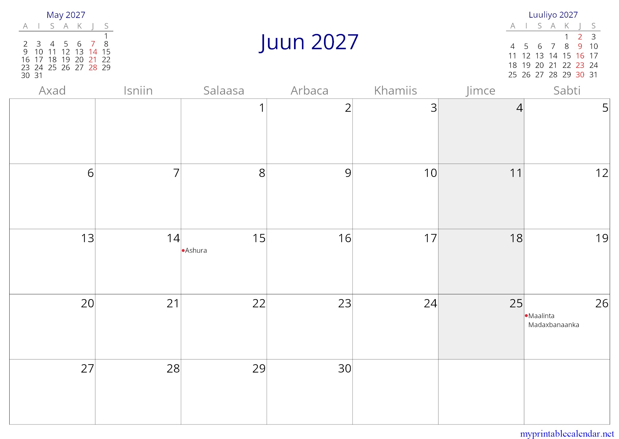 Juun 2027 monthly calendar, Somalia, Somali jpg