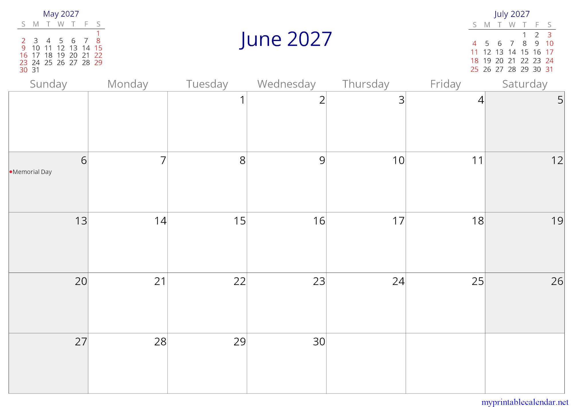 June 2027 monthly calendar, South Korea, in English jpg