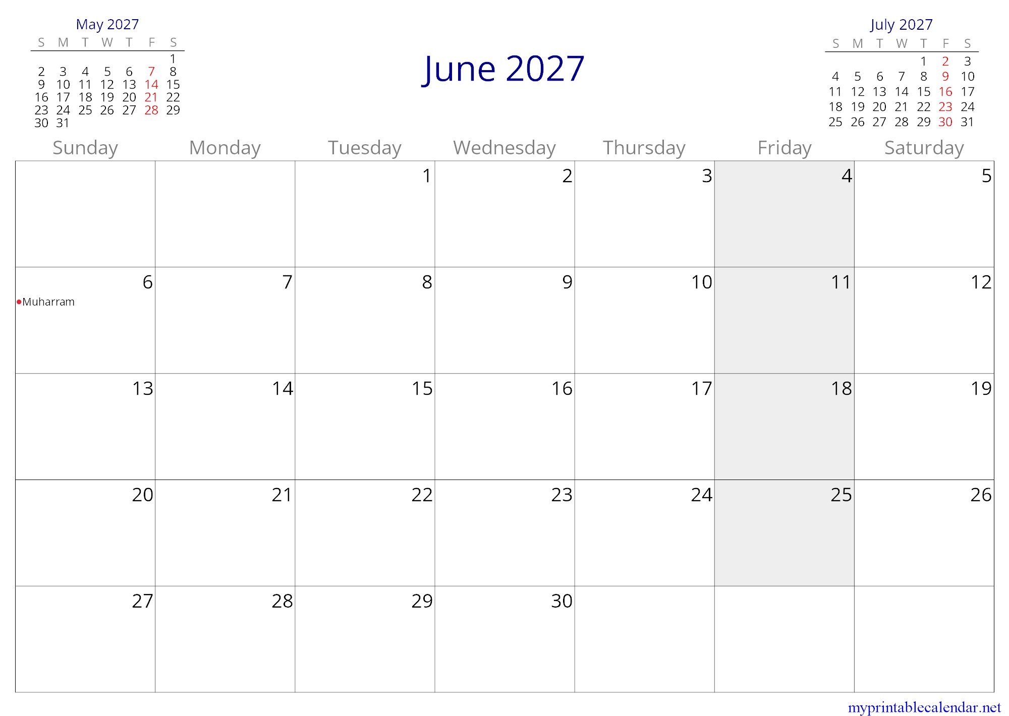 June 2027 monthly calendar, Sudan, English jpg