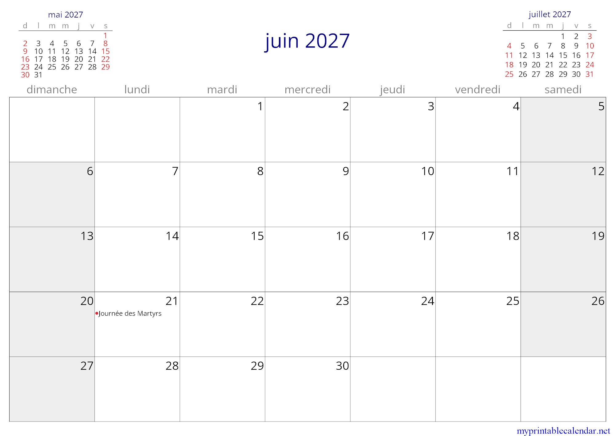 juin 2027 monthly calendar, Togo, French jpg