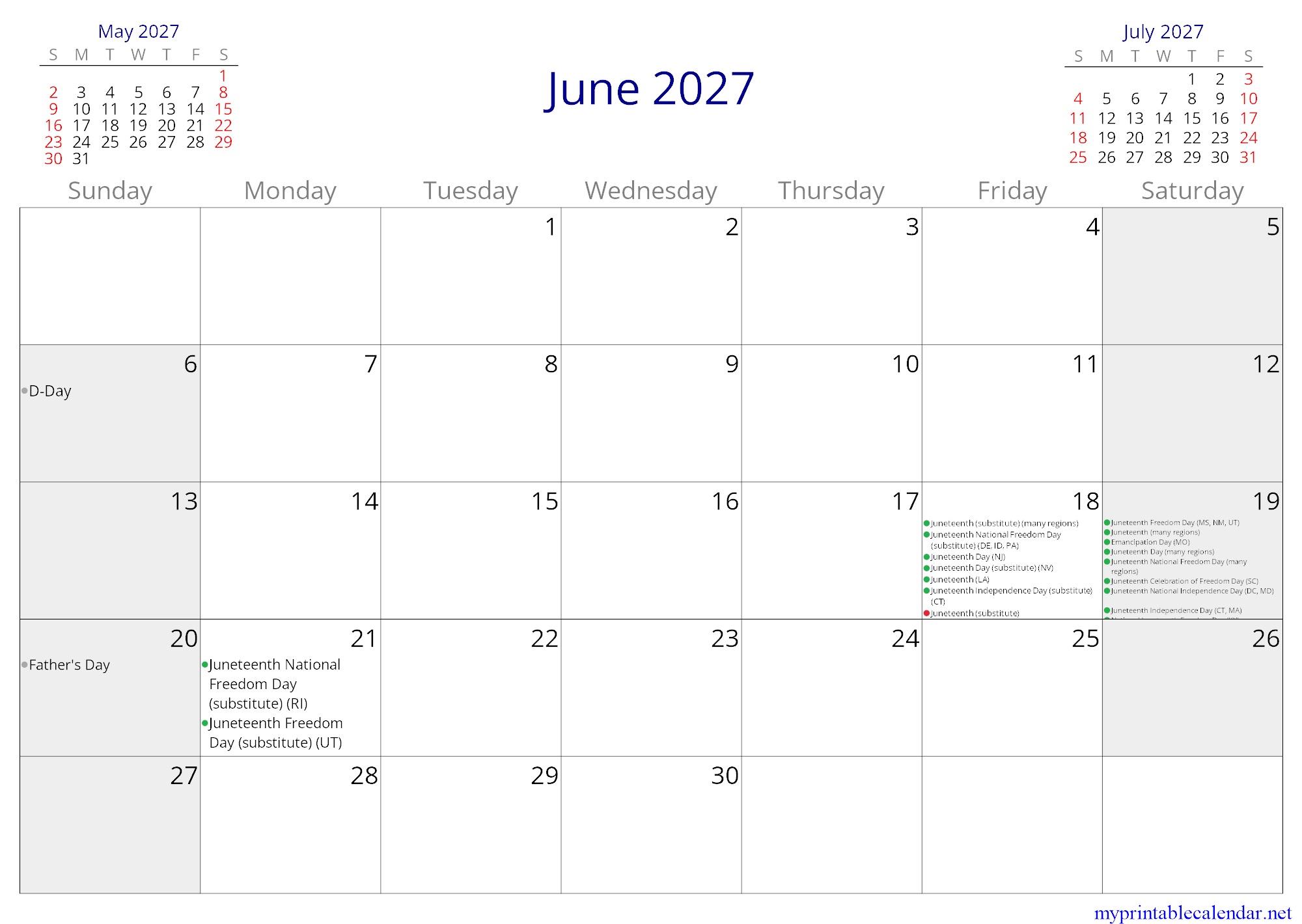 June 2027 monthly calendar, United States, English (US, CA) jpg