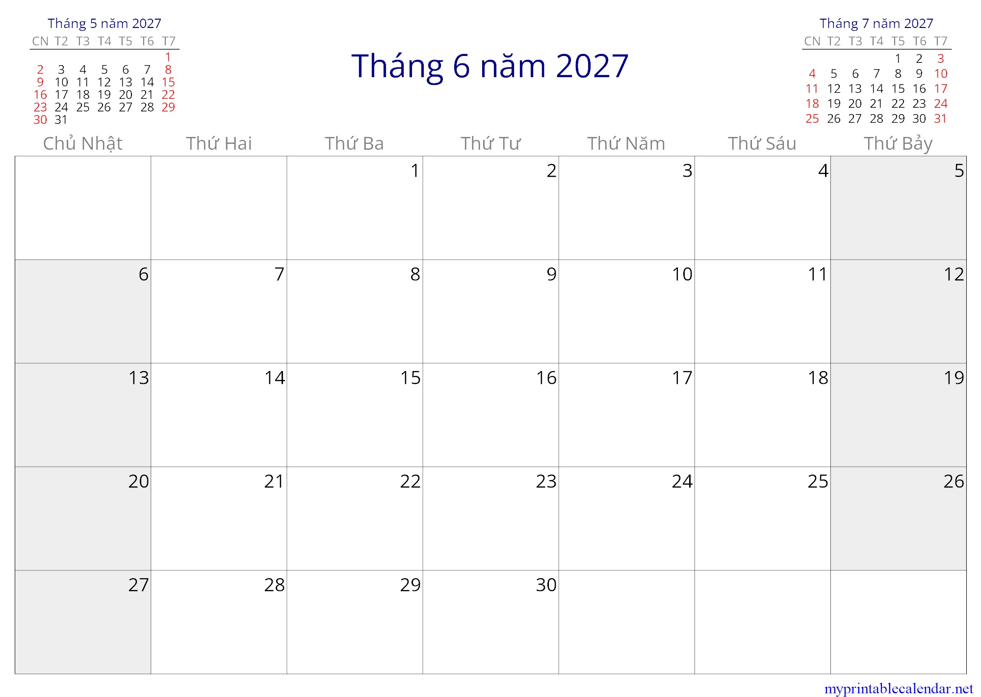 Tháng 6 năm 2027 monthly calendar, Vietnam, Vietnamese jpg