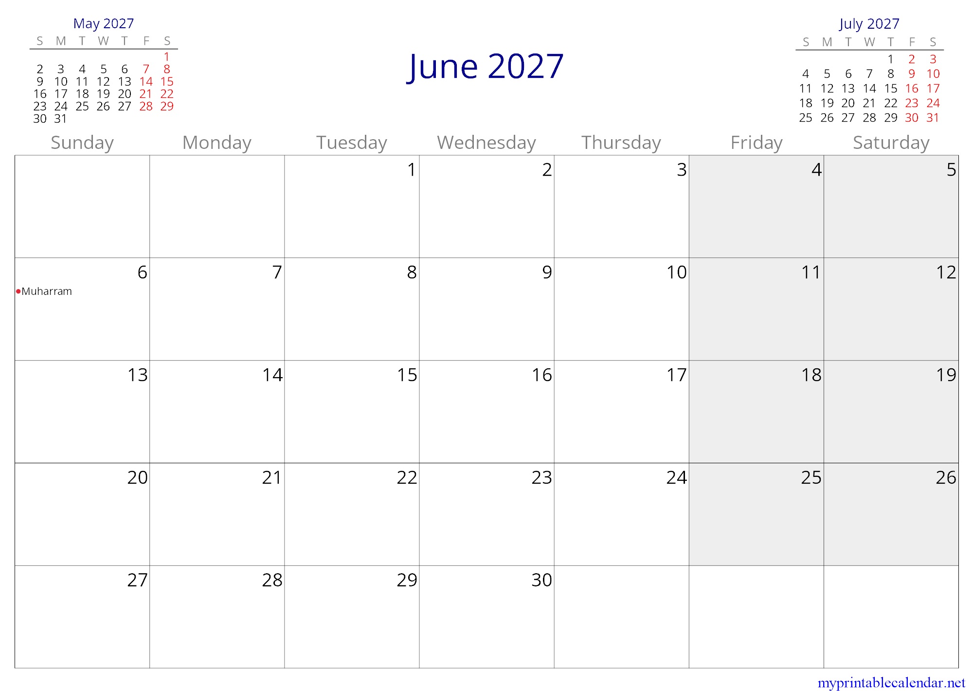 June 2027 monthly calendar, Yemen, in English jpg