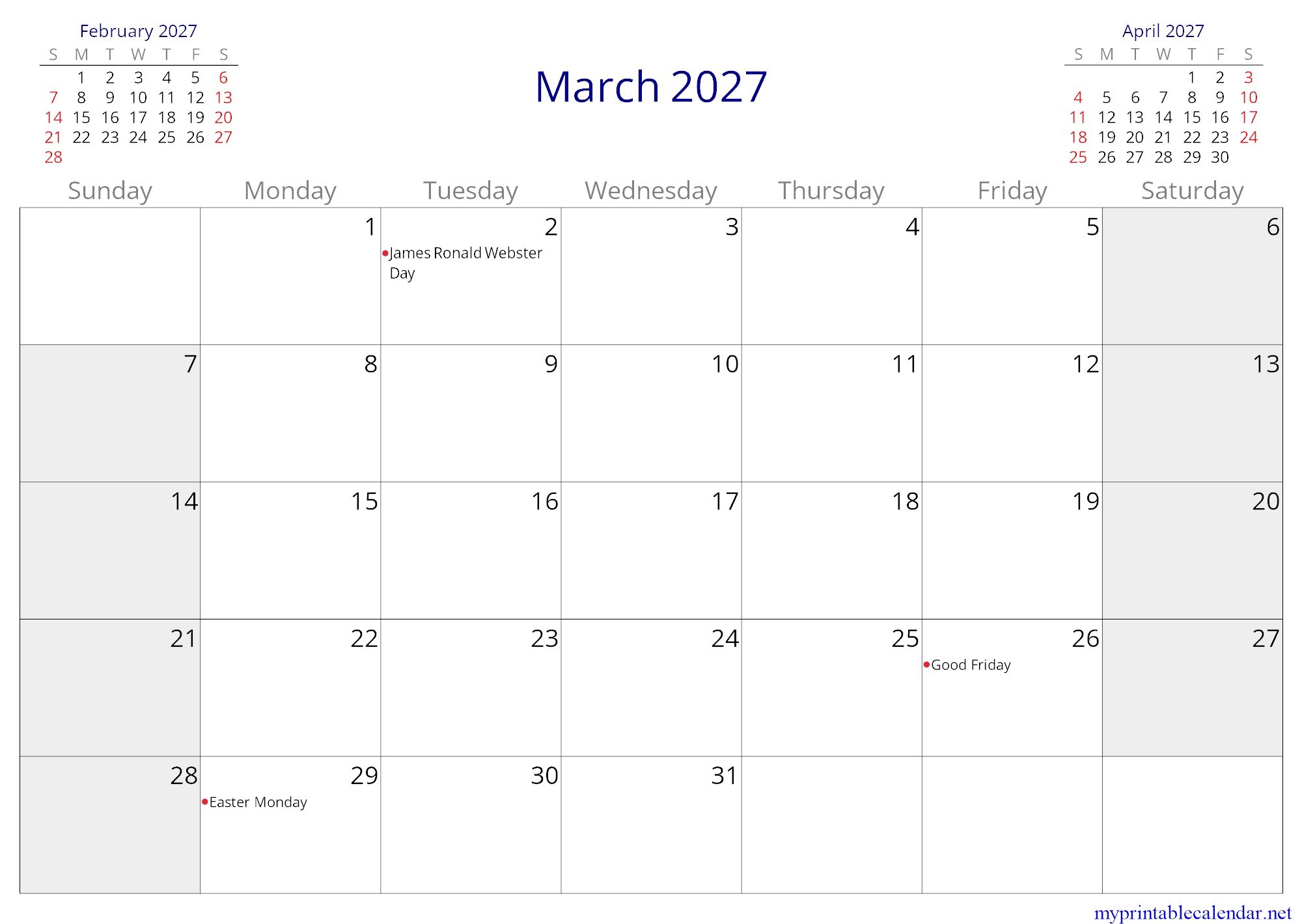 March 2027 monthly calendar, Anguilla, English jpg