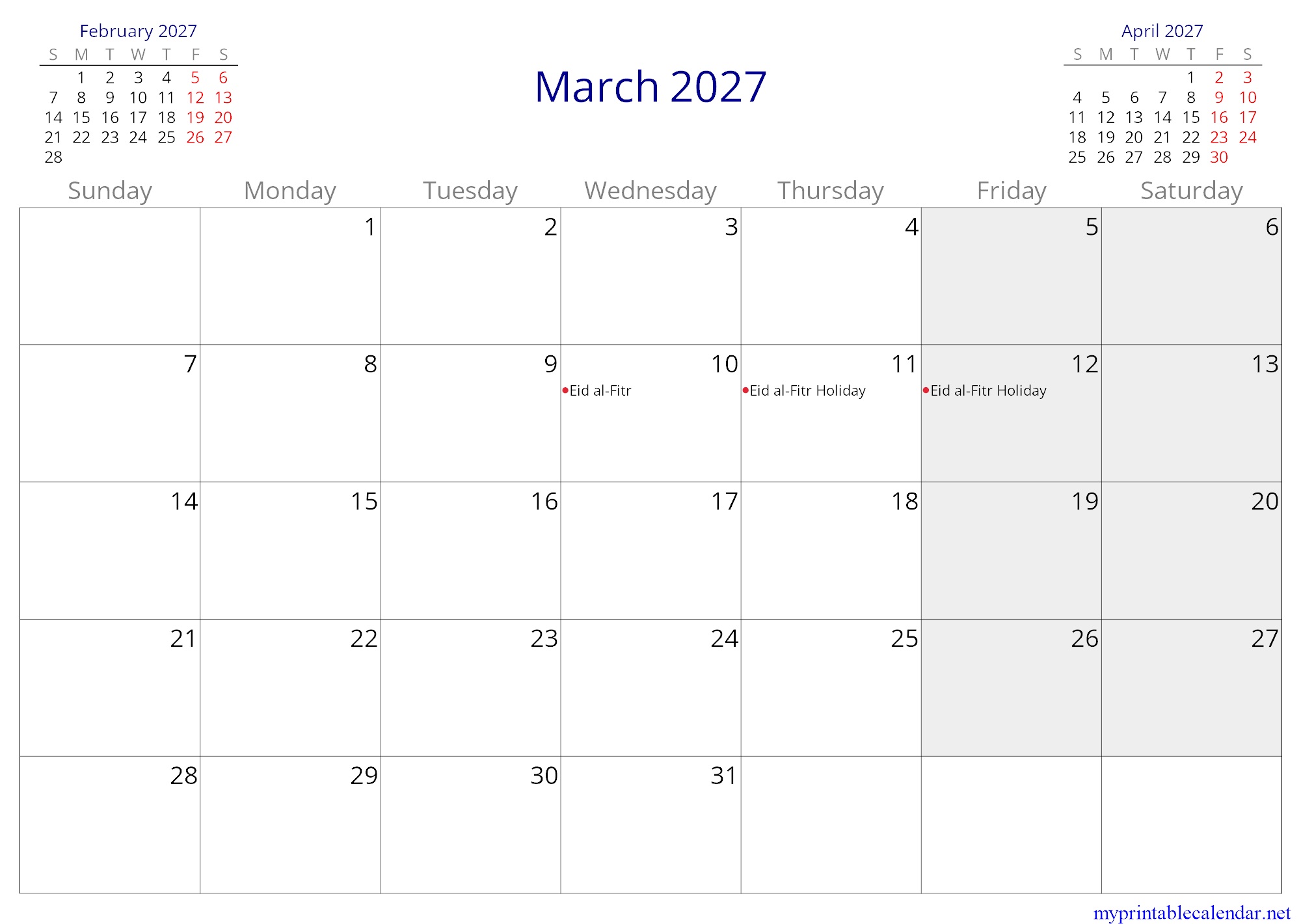 March 2027 monthly calendar, Bahrain, in English jpg