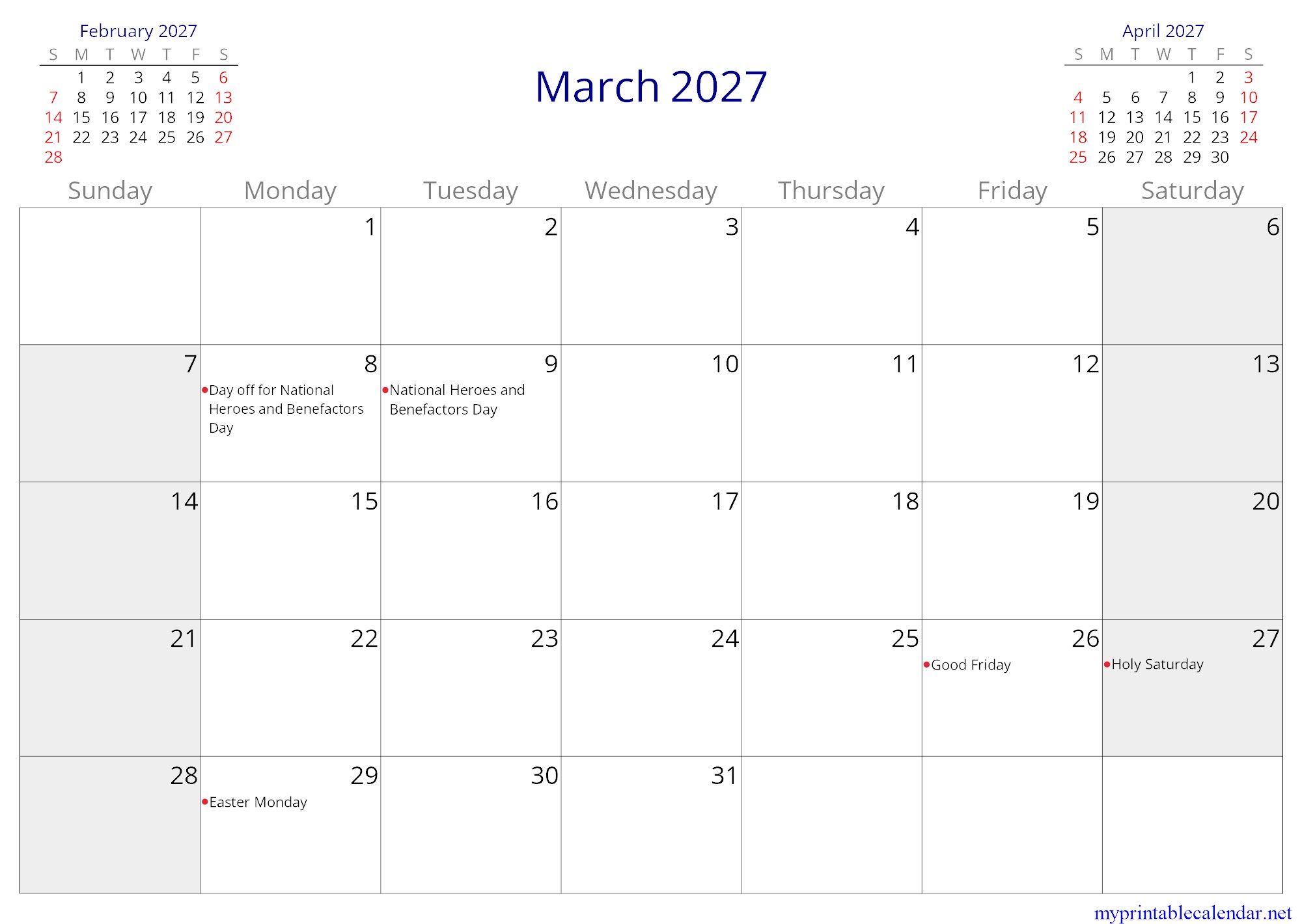 March 2027 monthly calendar, Belize, English jpg