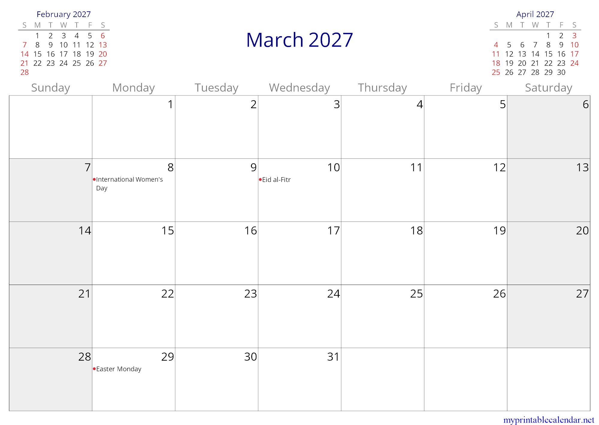 March 2027 monthly calendar, Burkina Faso, in English jpg