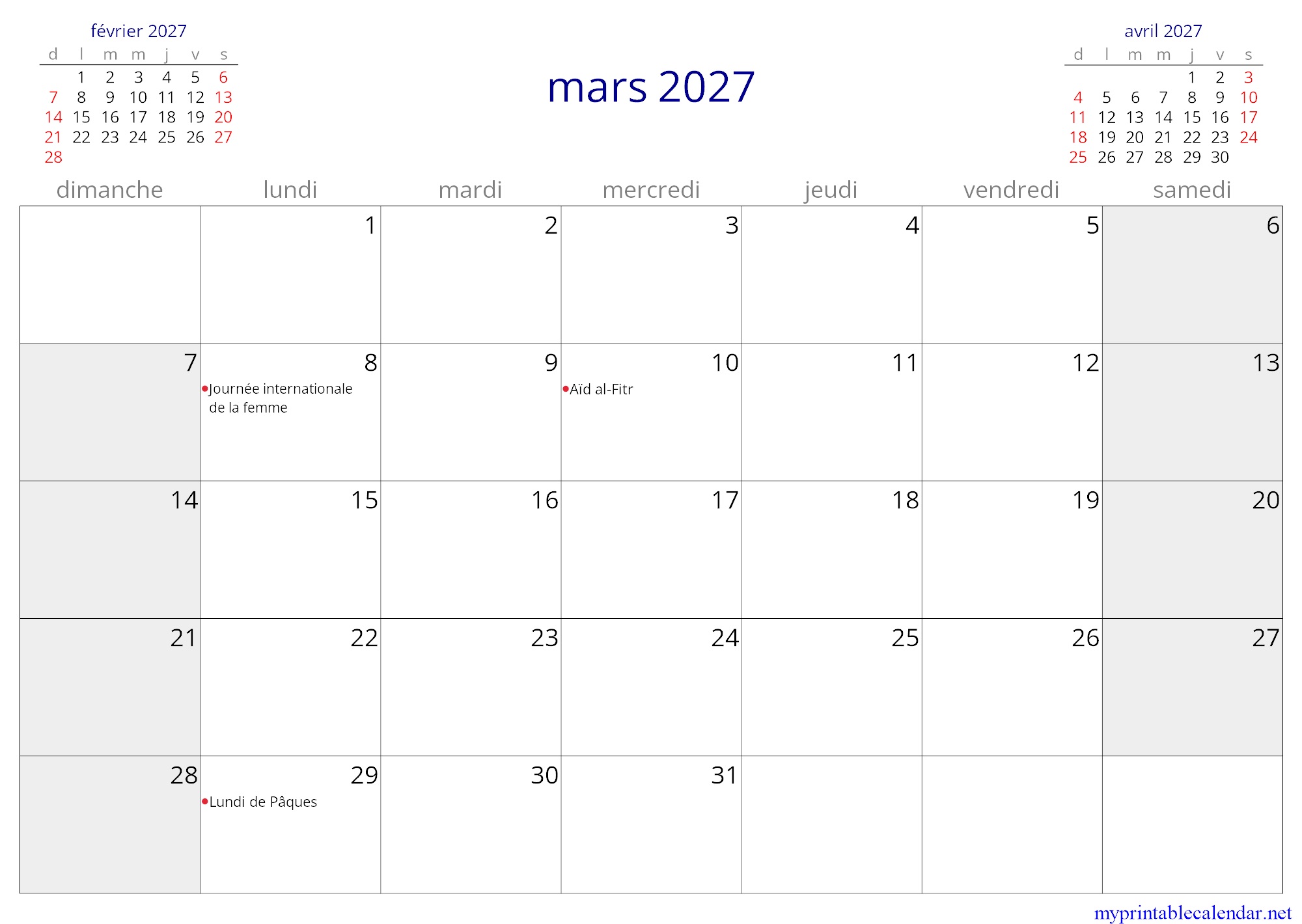 mars 2027 monthly calendar, Burkina Faso, French jpg