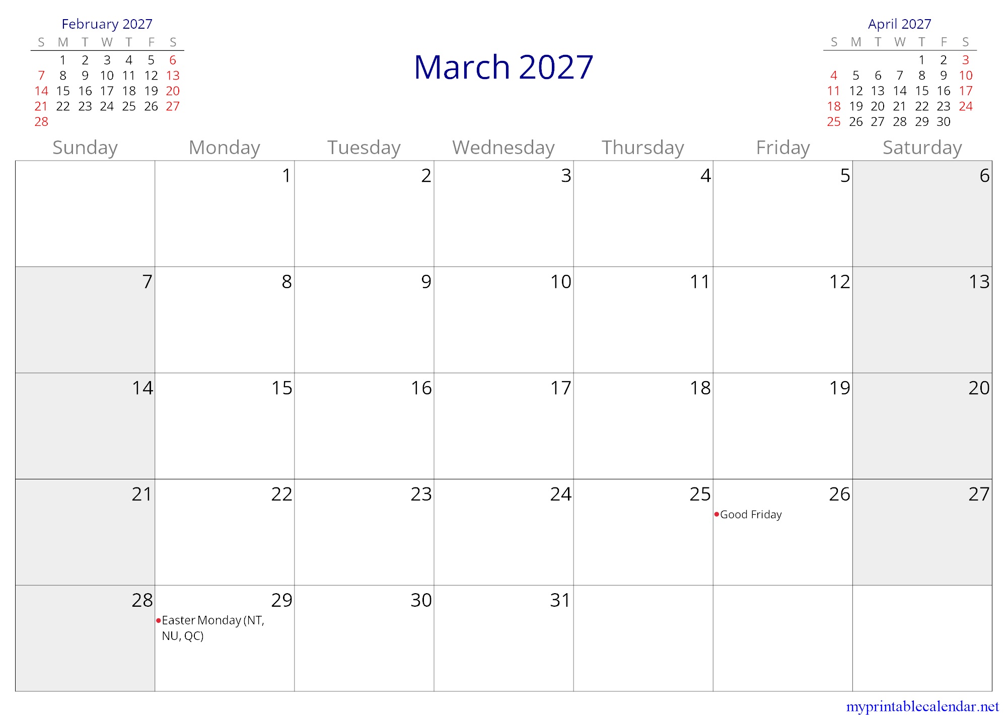 March 2027 monthly calendar, Canada, English (US, CA) jpg