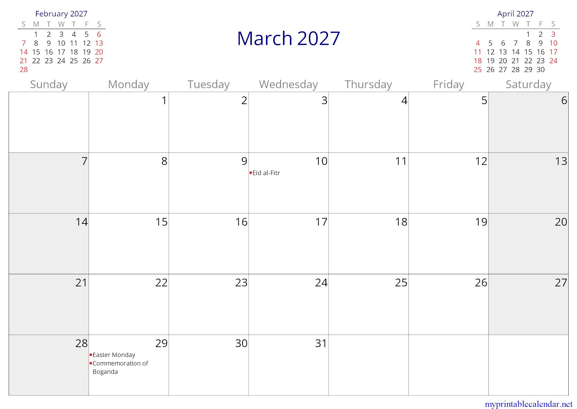 March 2027 monthly calendar, Central African Republic, English jpg