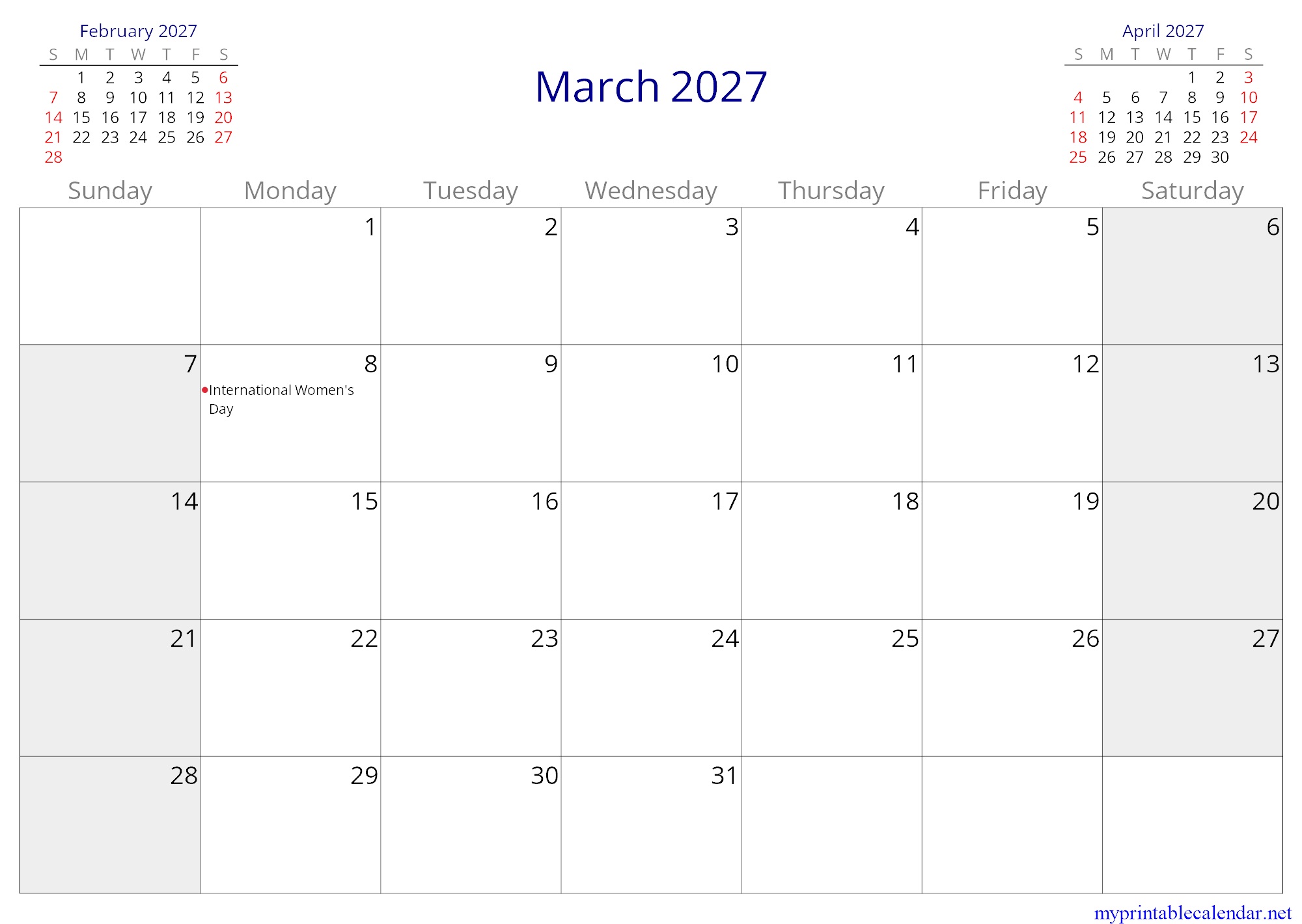 March 2027 monthly calendar, China, English jpg