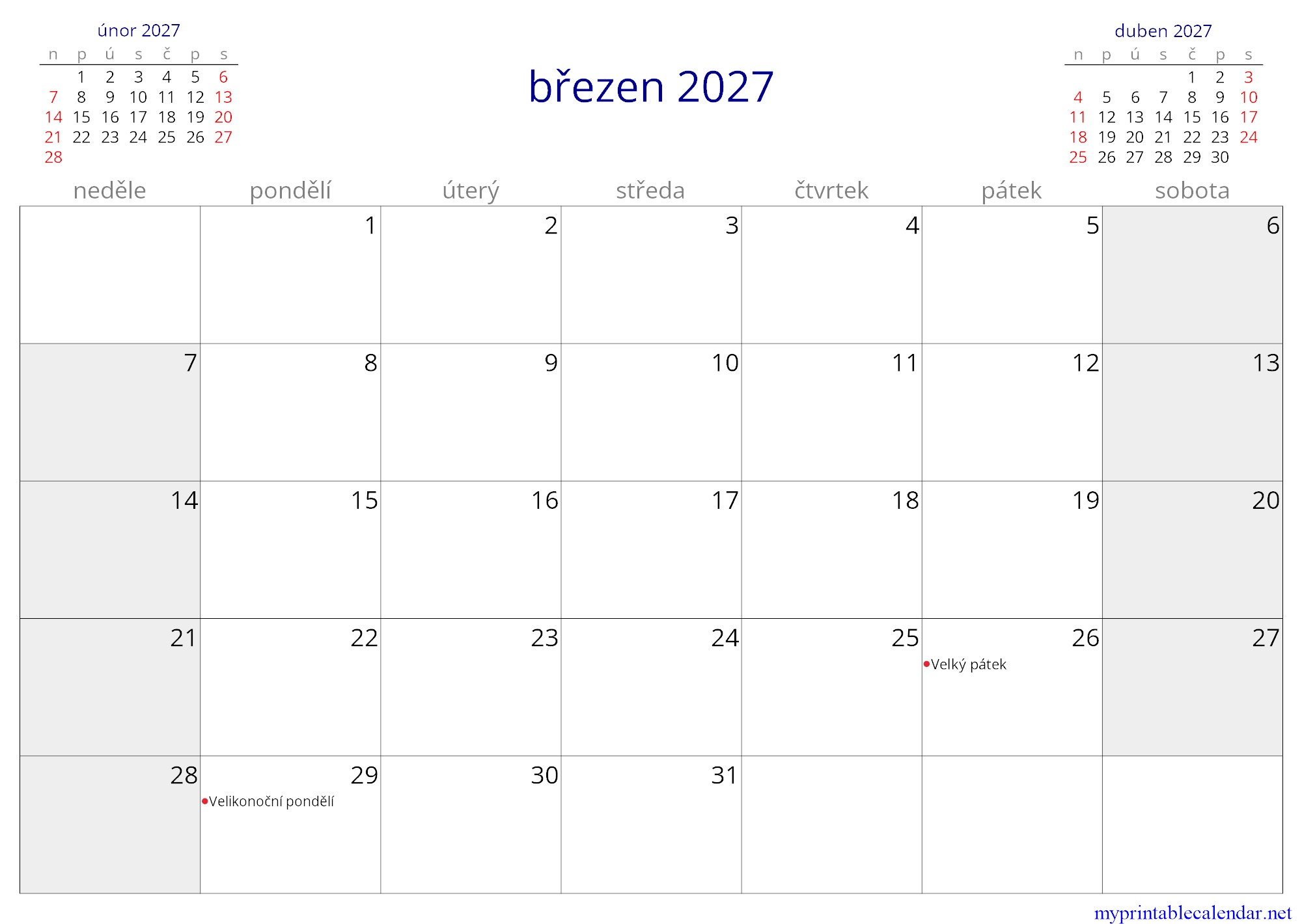 březen 2027 monthly calendar, Czechia, Czech jpg