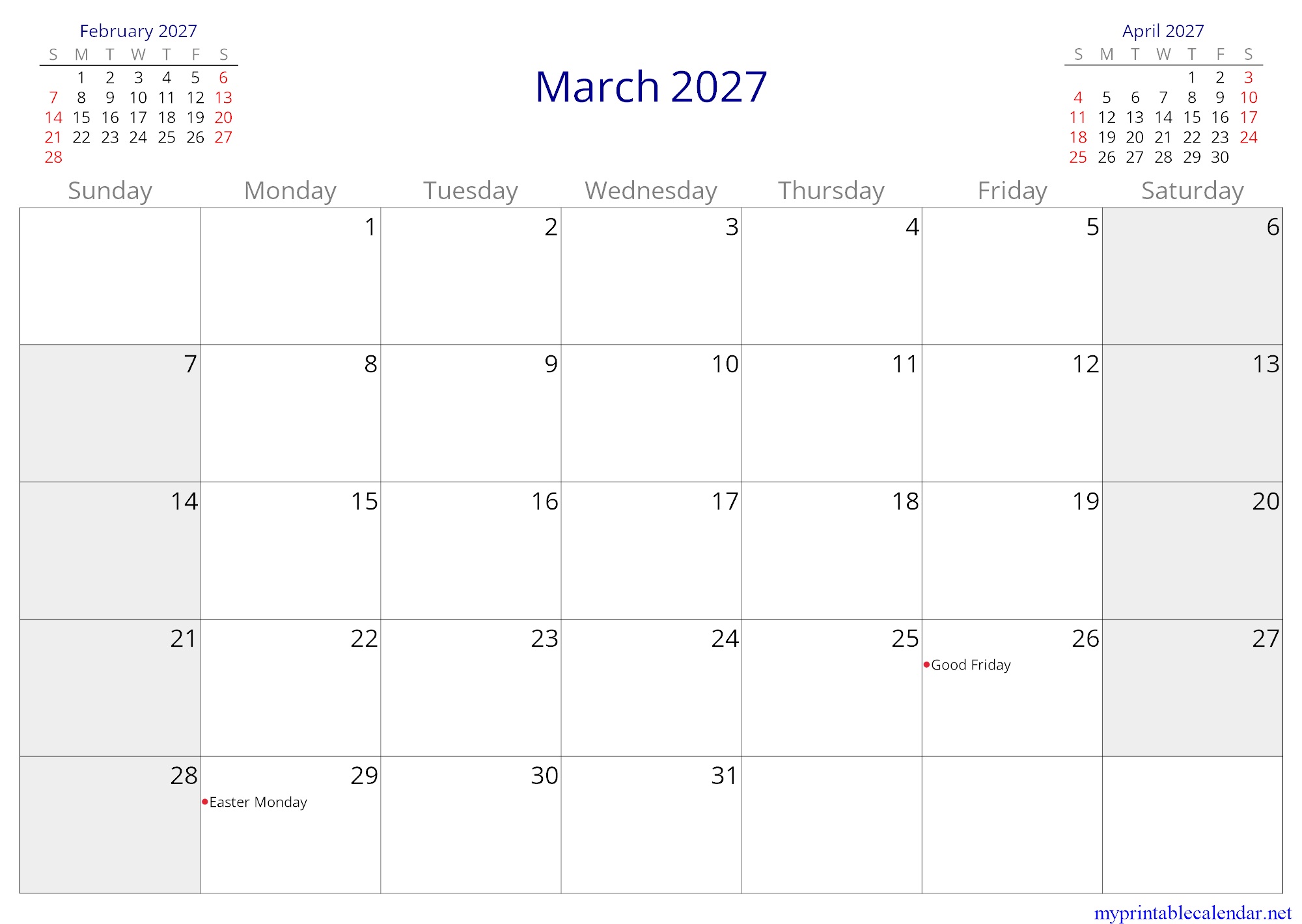 March 2027 monthly calendar, Czechia, in English jpg