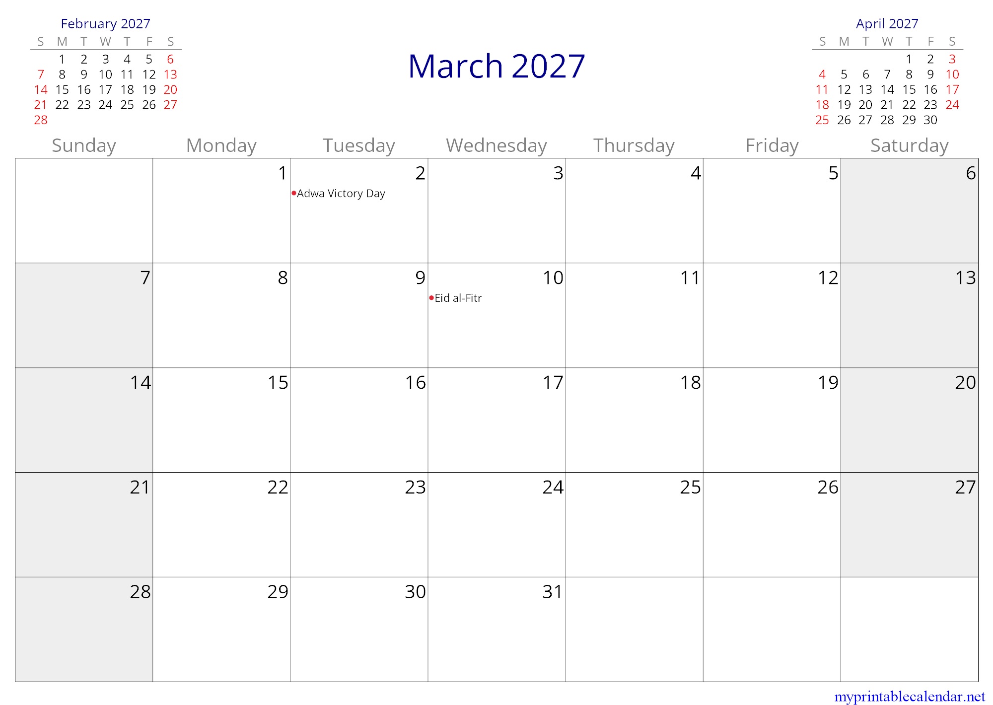 March 2027 monthly calendar, Ethiopia, English jpg