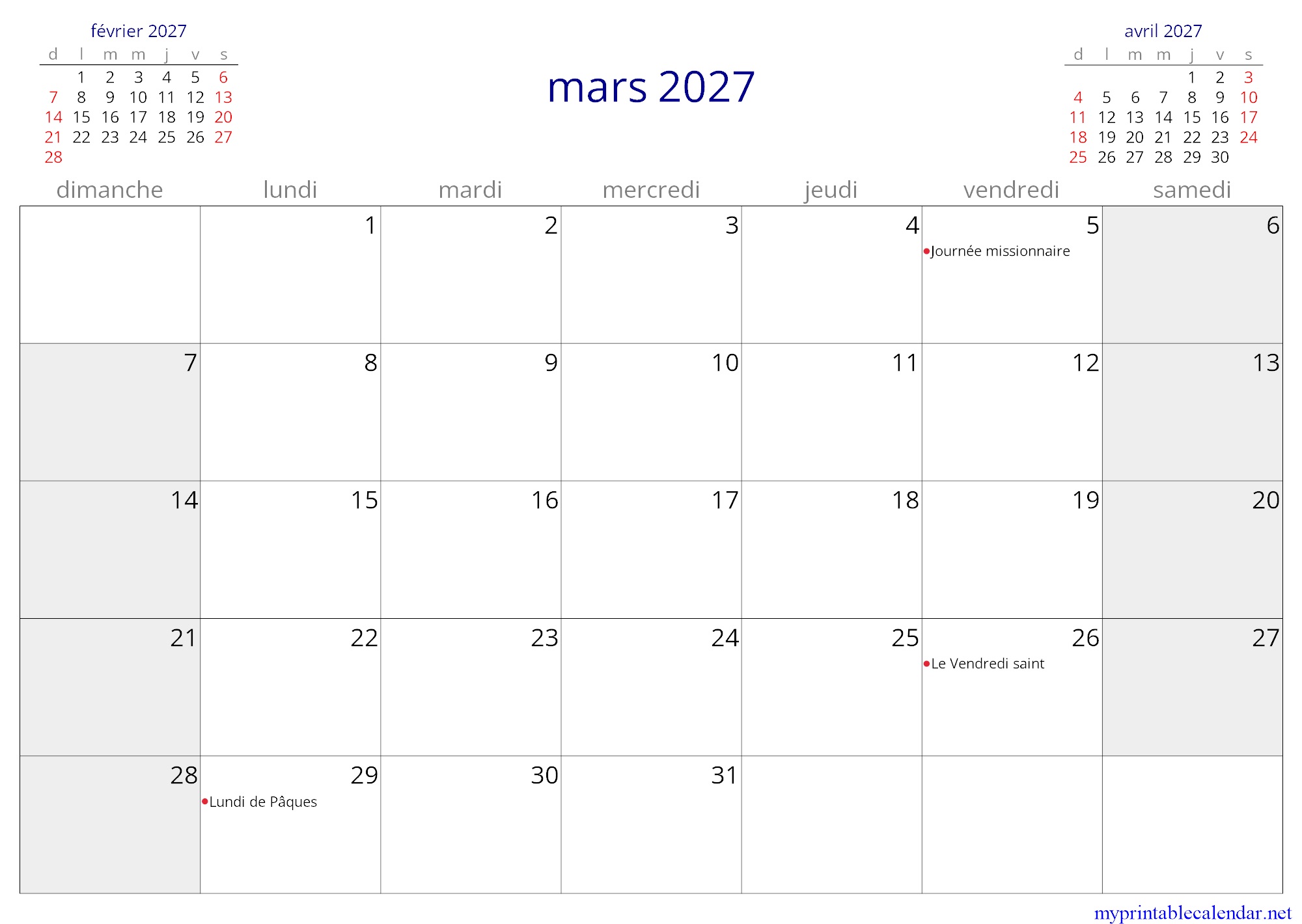 mars 2027 monthly calendar, French Polynesia, French jpg