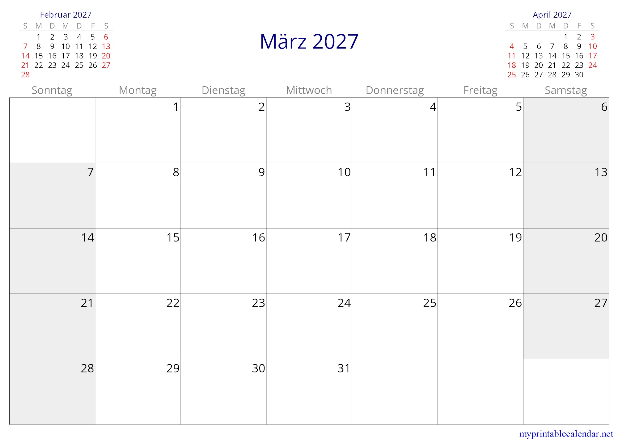 März 2027 monthly calendar, Germany, German jpg