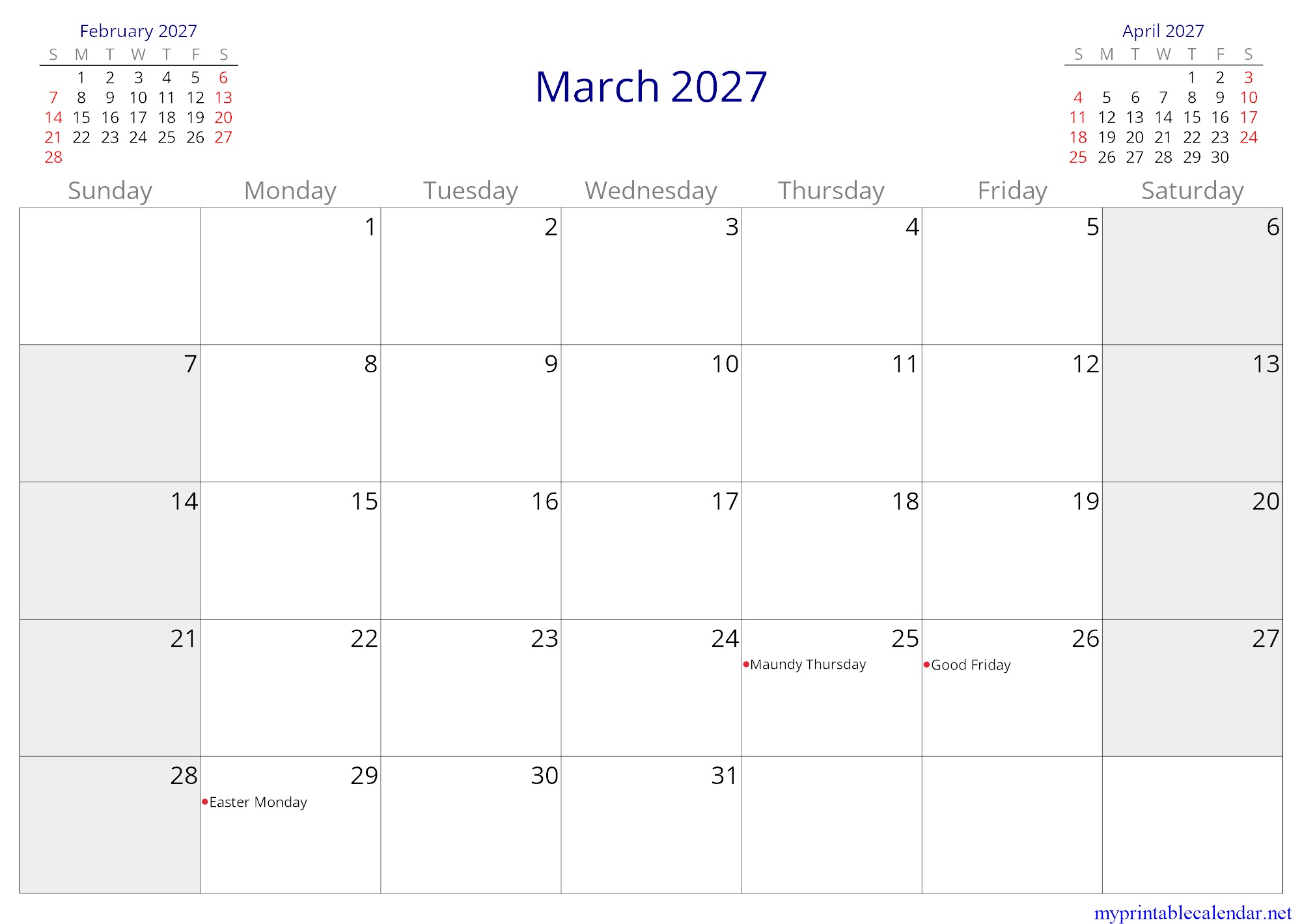 March 2027 monthly calendar, Greenland, in English jpg