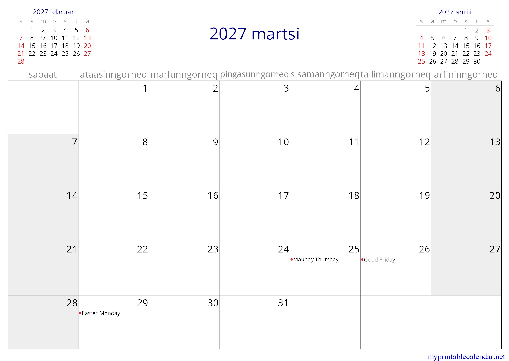 2027 martsi monthly calendar, Greenland, Kalaallisut jpg