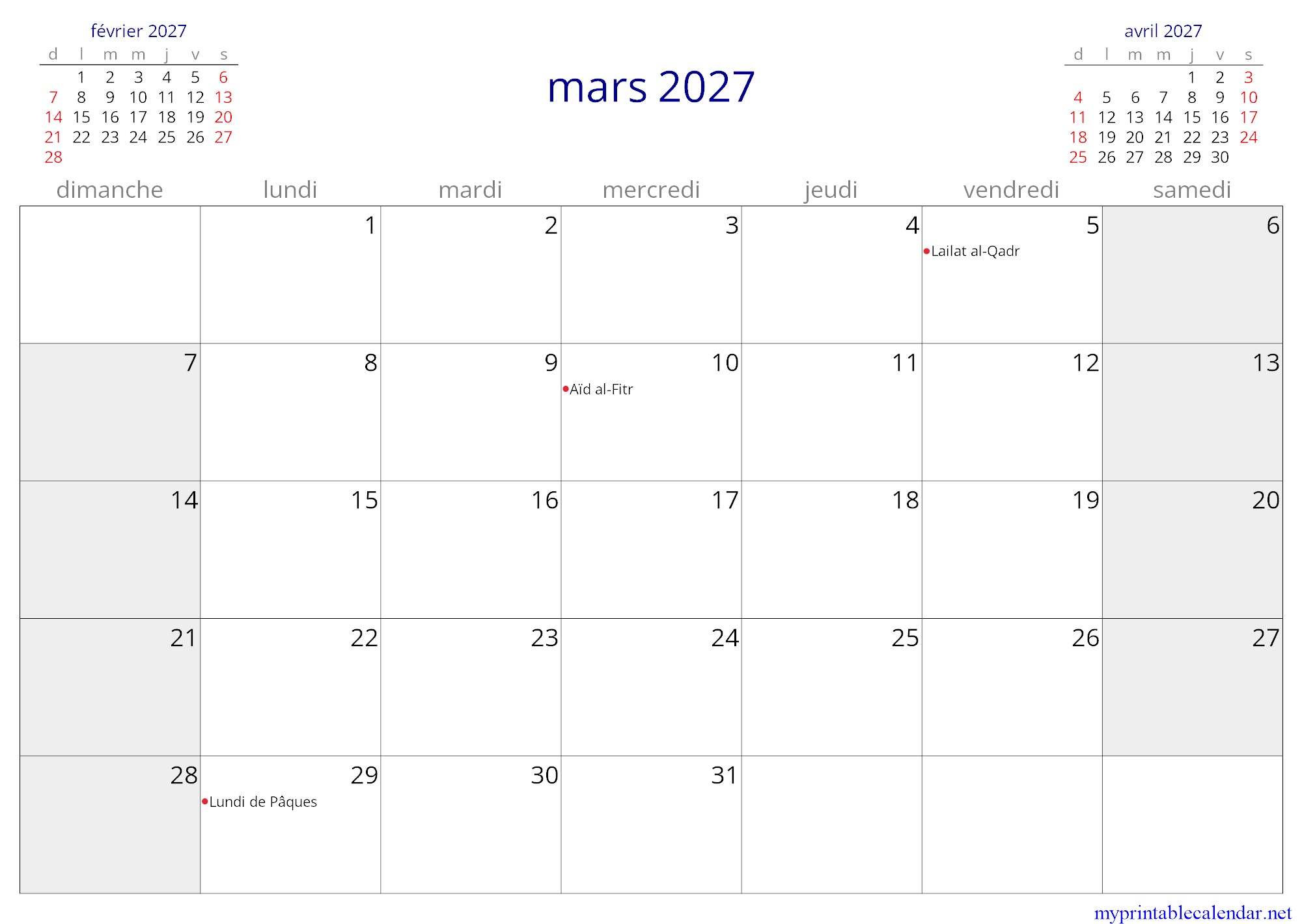 mars 2027 monthly calendar, Guinea, French jpg
