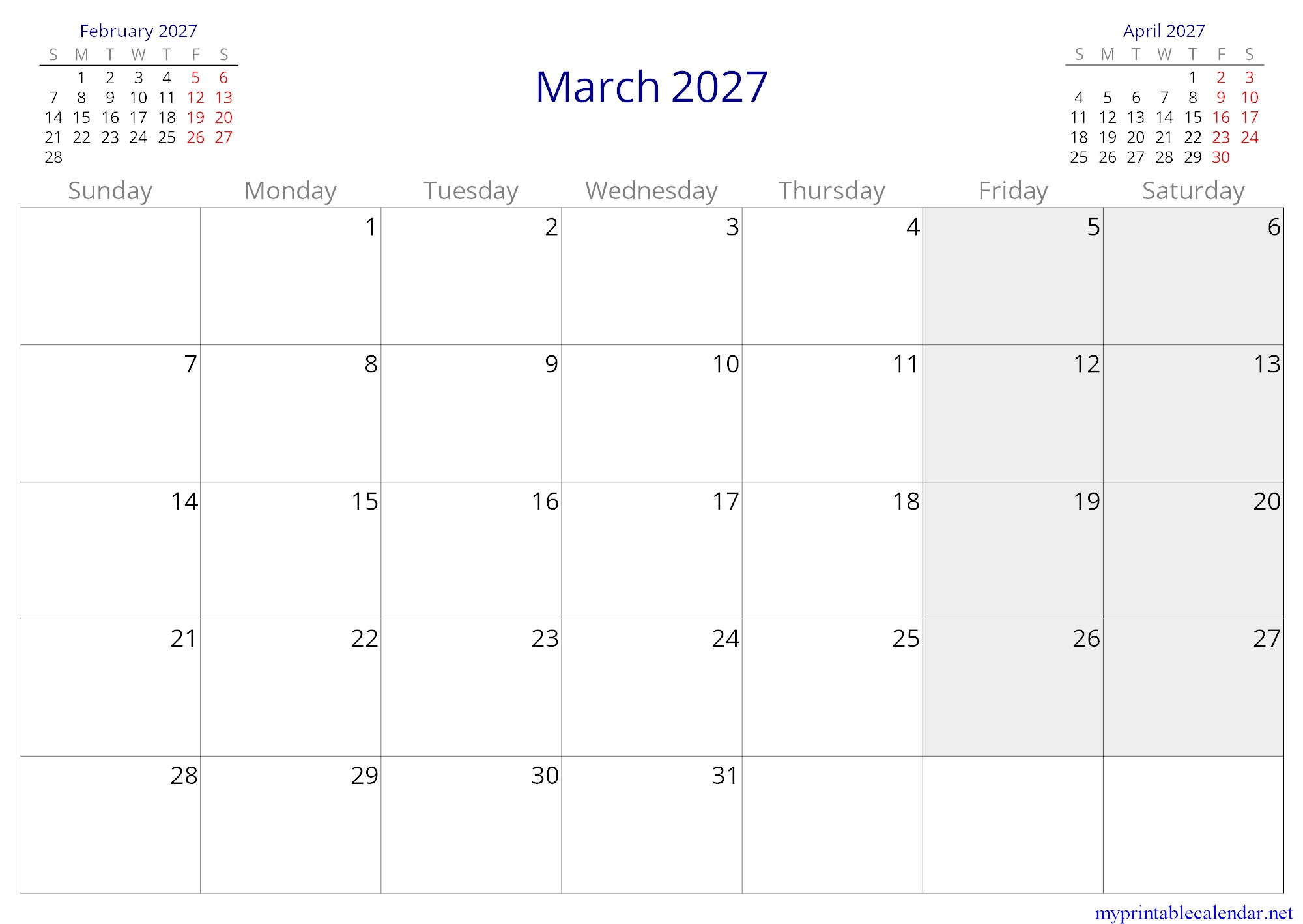 March 2027 monthly calendar, Israel, English jpg