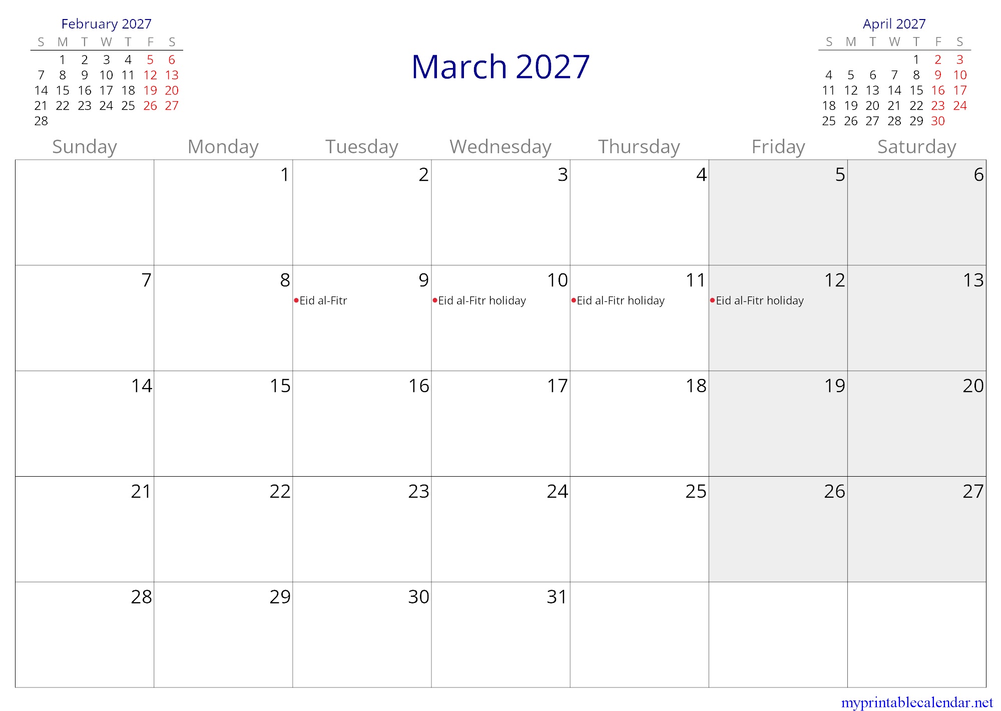 March 2027 monthly calendar, Jordan, in English jpg