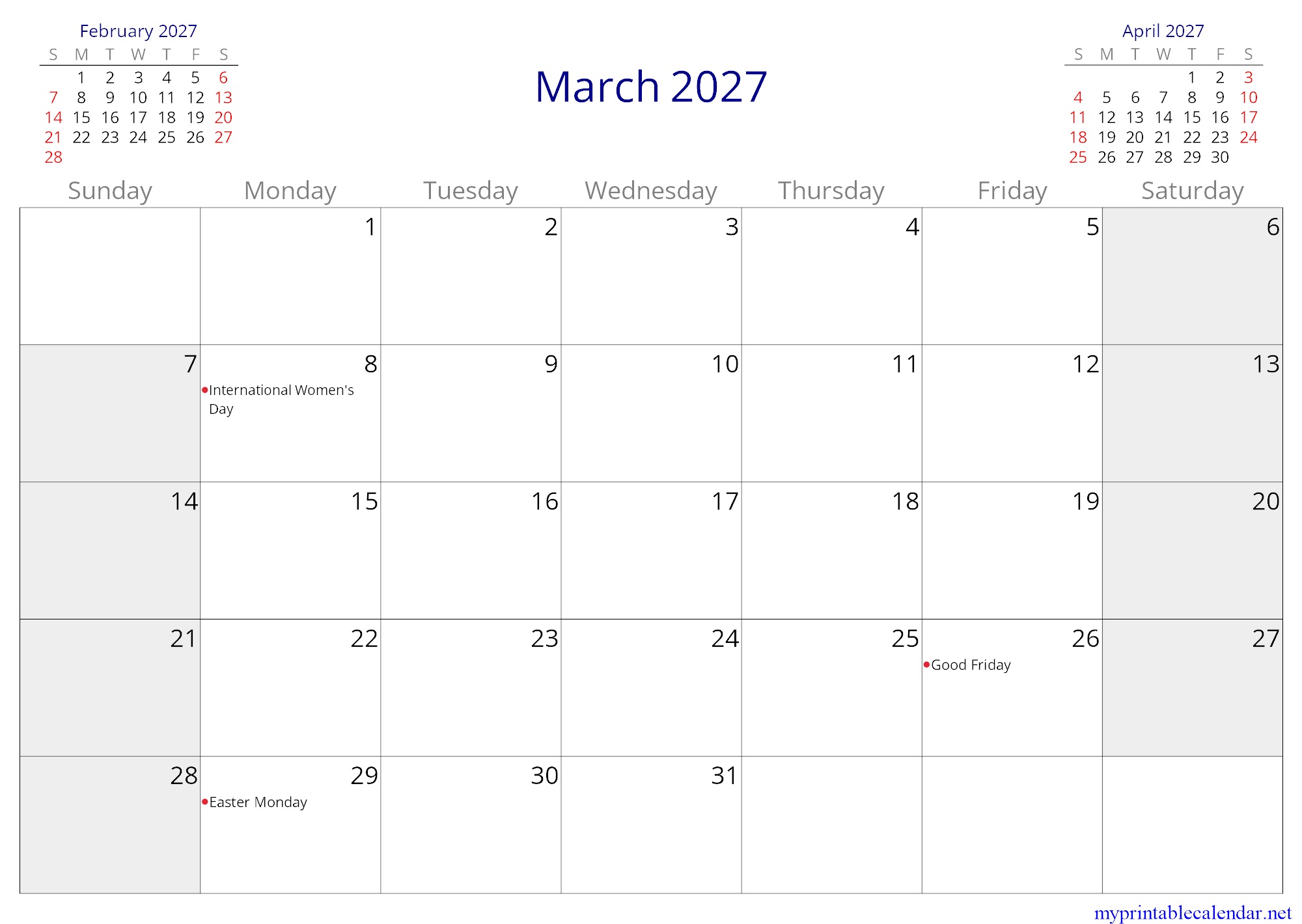 March 2027 monthly calendar, Kiribati, English jpg