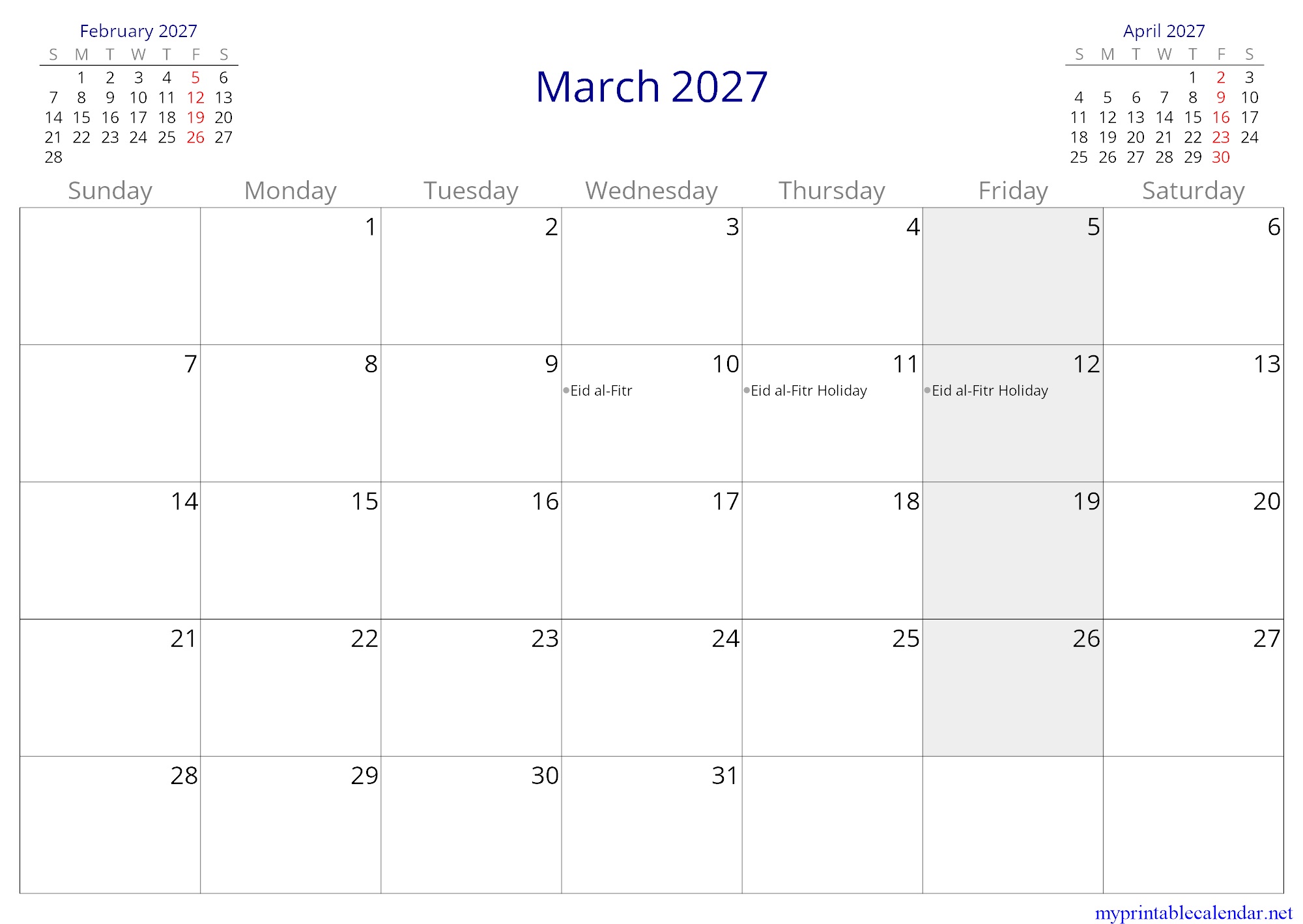 March 2027 monthly calendar, Libya, in English jpg