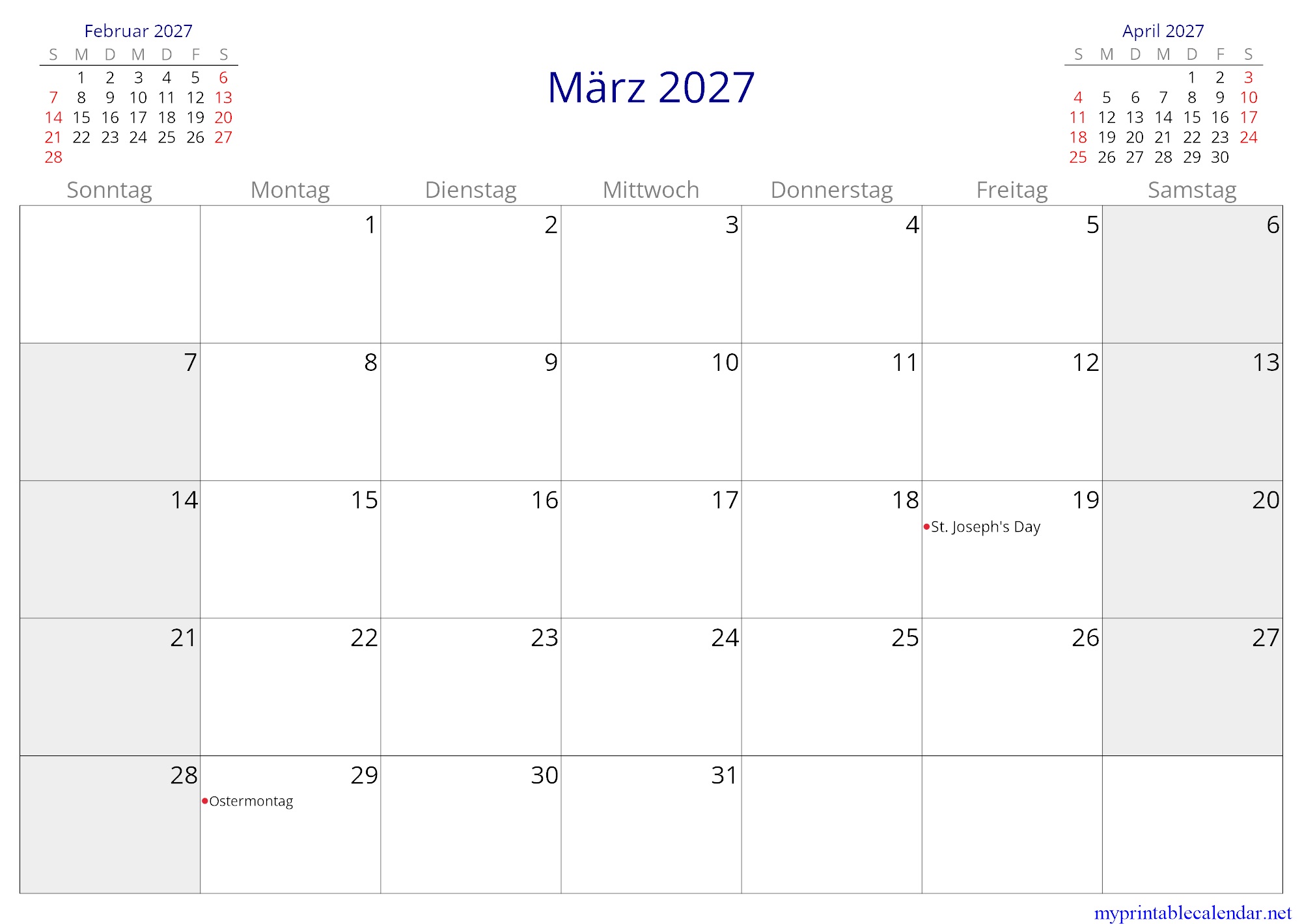 März 2027 monthly calendar, Liechtenstein, German jpg