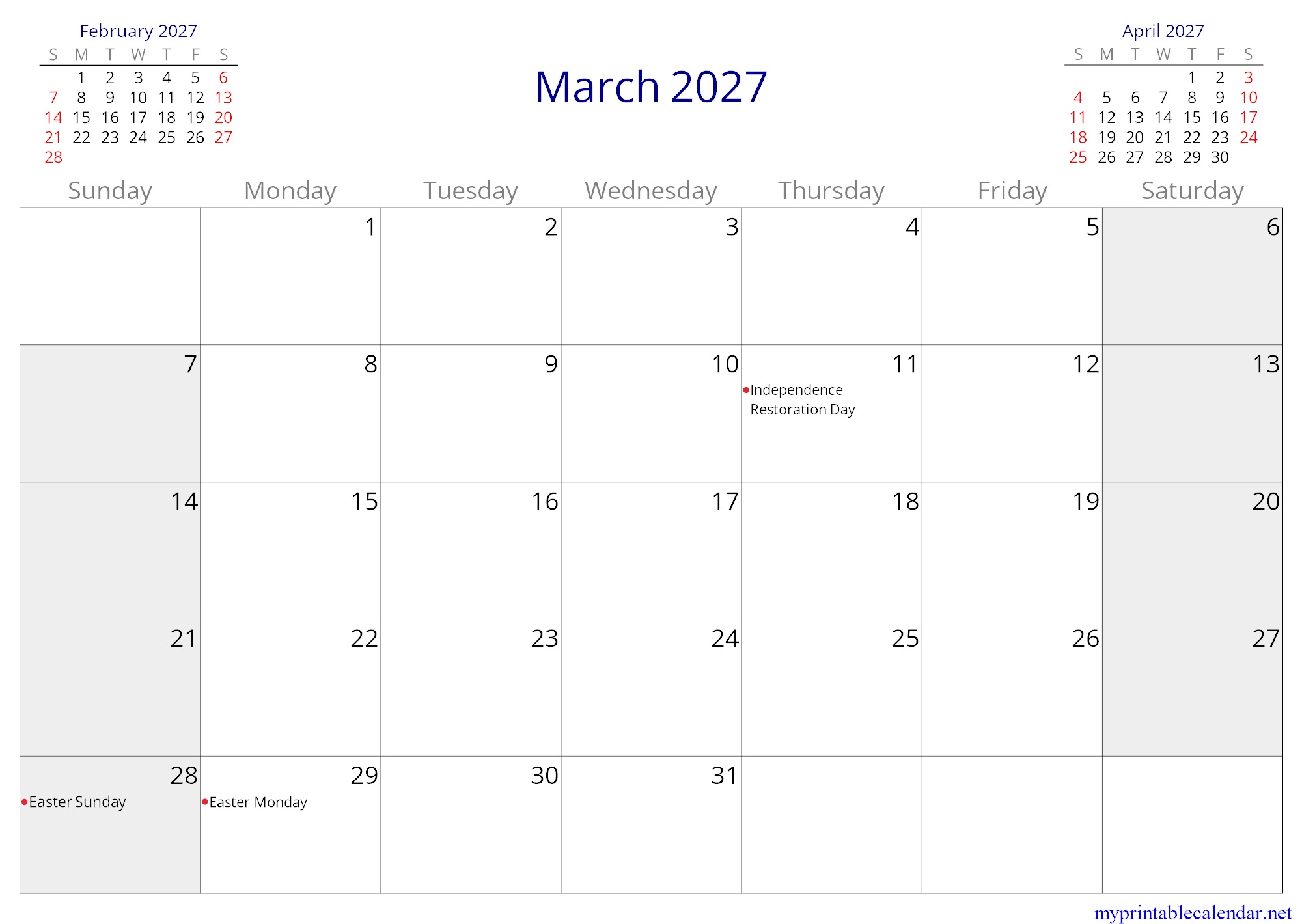 March 2027 monthly calendar, Lithuania, in English jpg