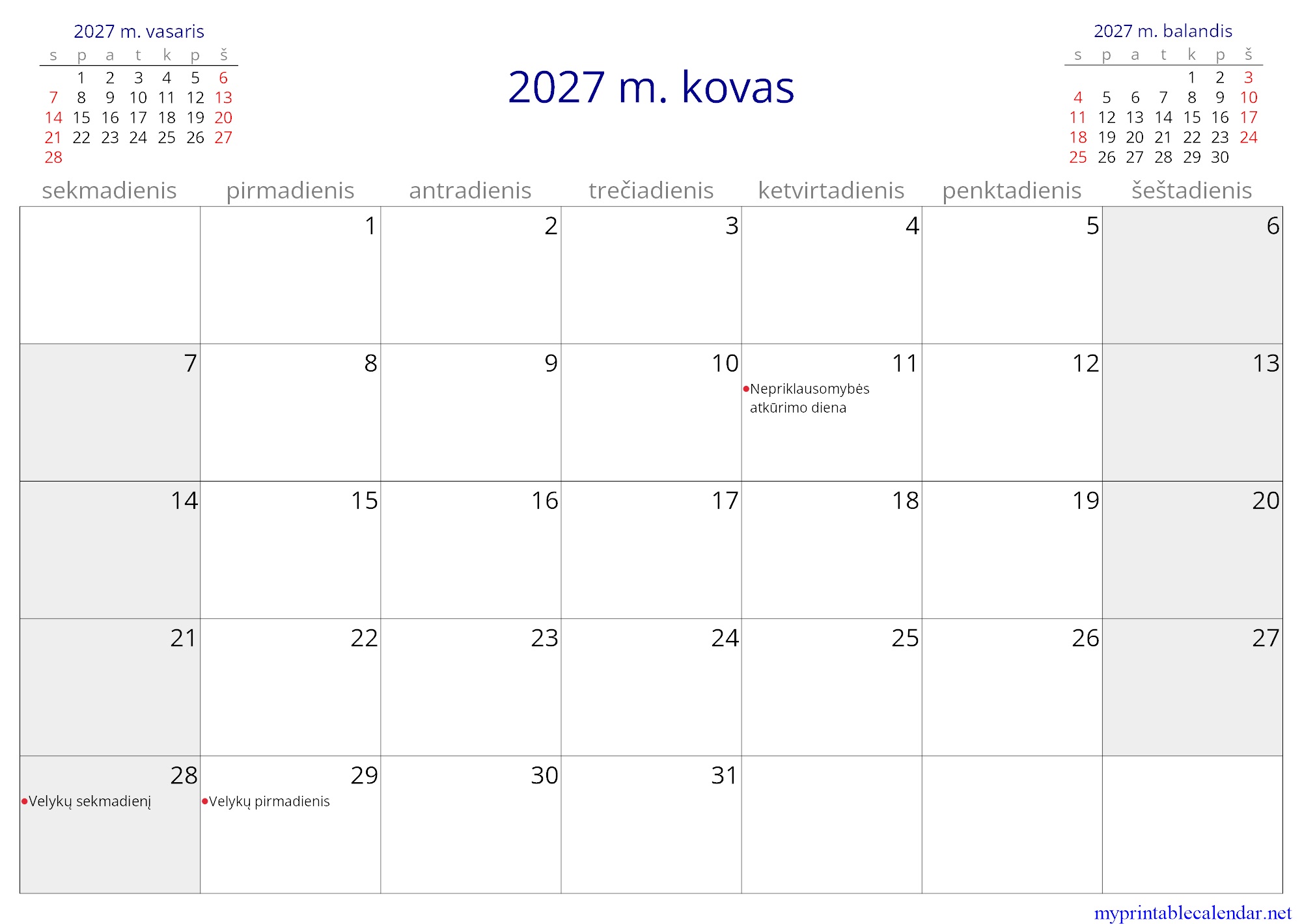2027 m. kovas monthly calendar, Lithuania, Lithuanian jpg