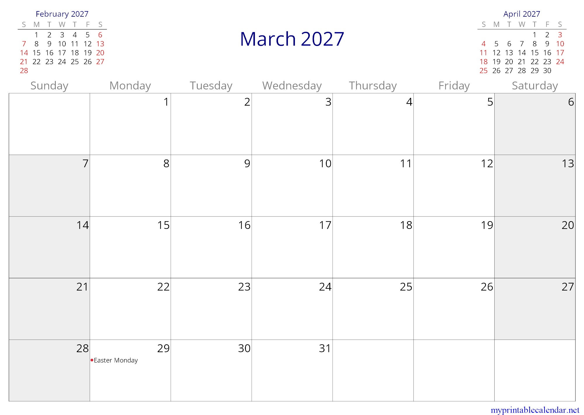 March 2027 monthly calendar, Luxembourg, English jpg