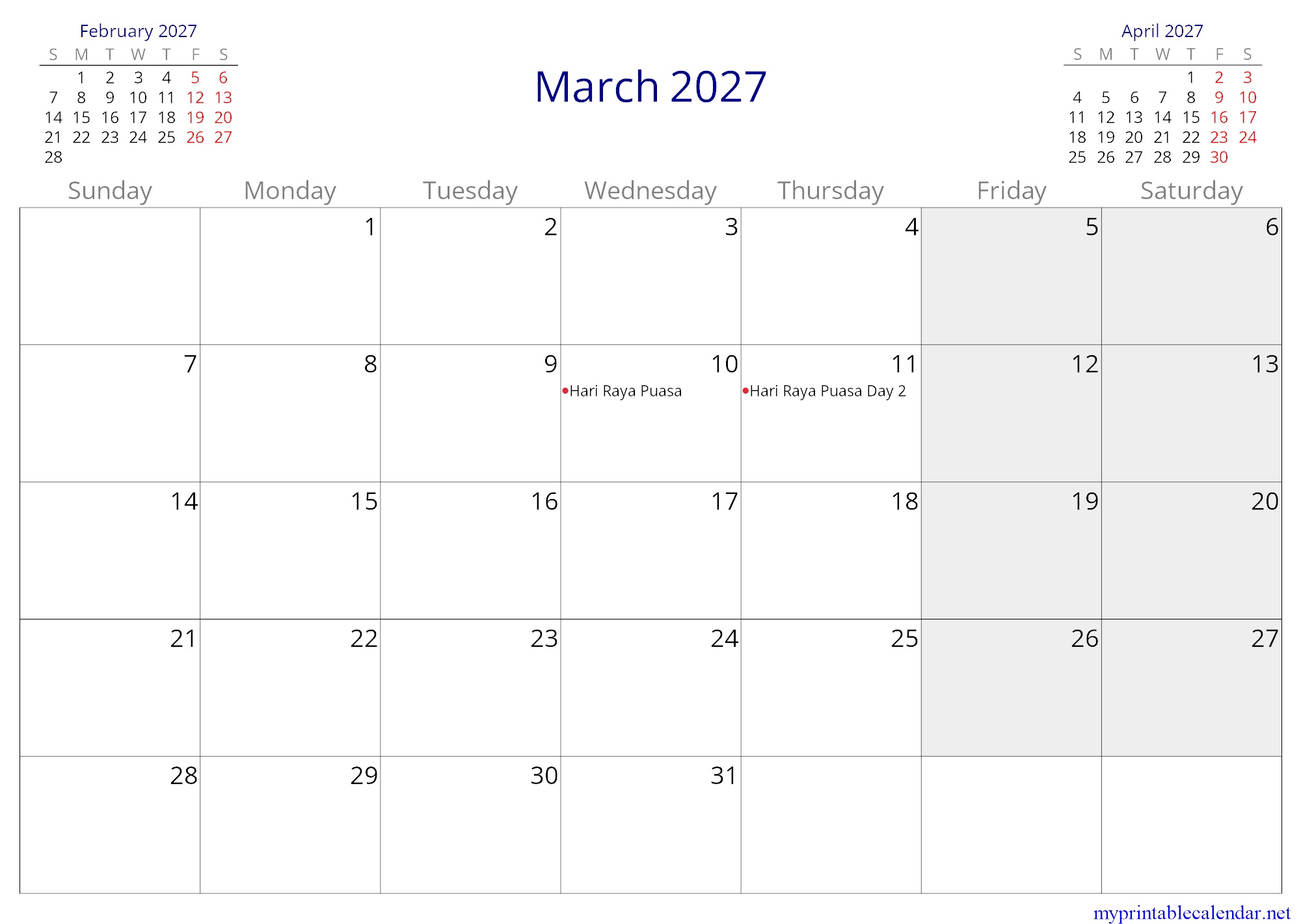 March 2027 monthly calendar, Malaysia, in English jpg