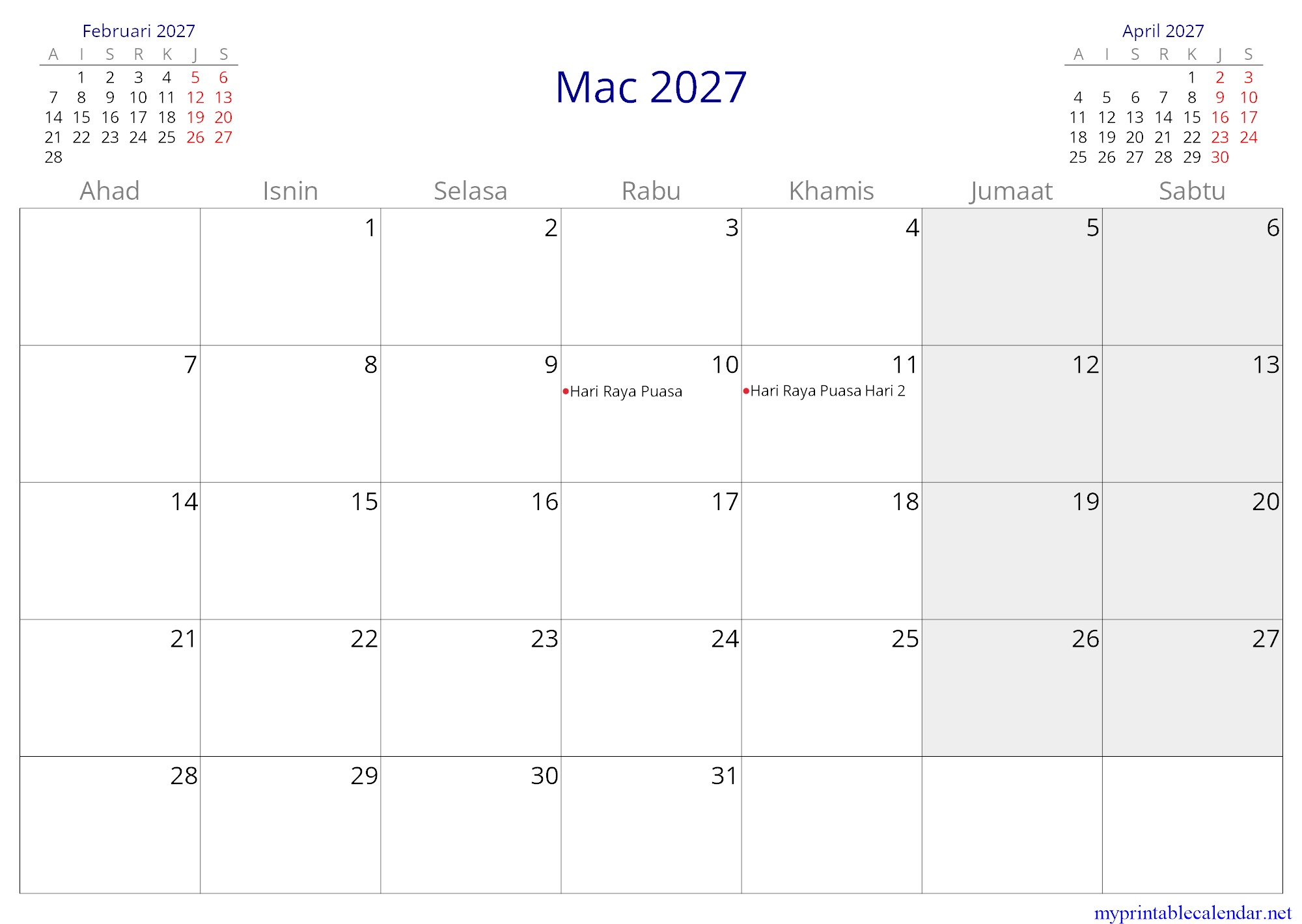 Mac 2027 monthly calendar, Malaysia, Malay jpg