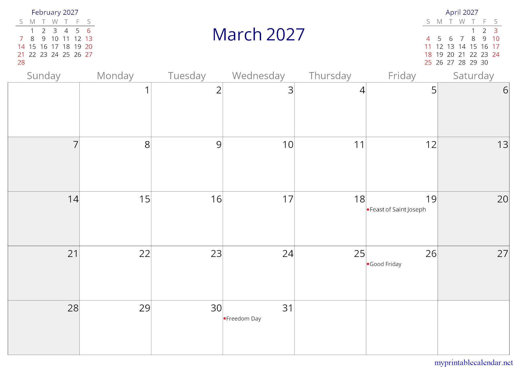 March 2027 monthly calendar, Malta, English jpg