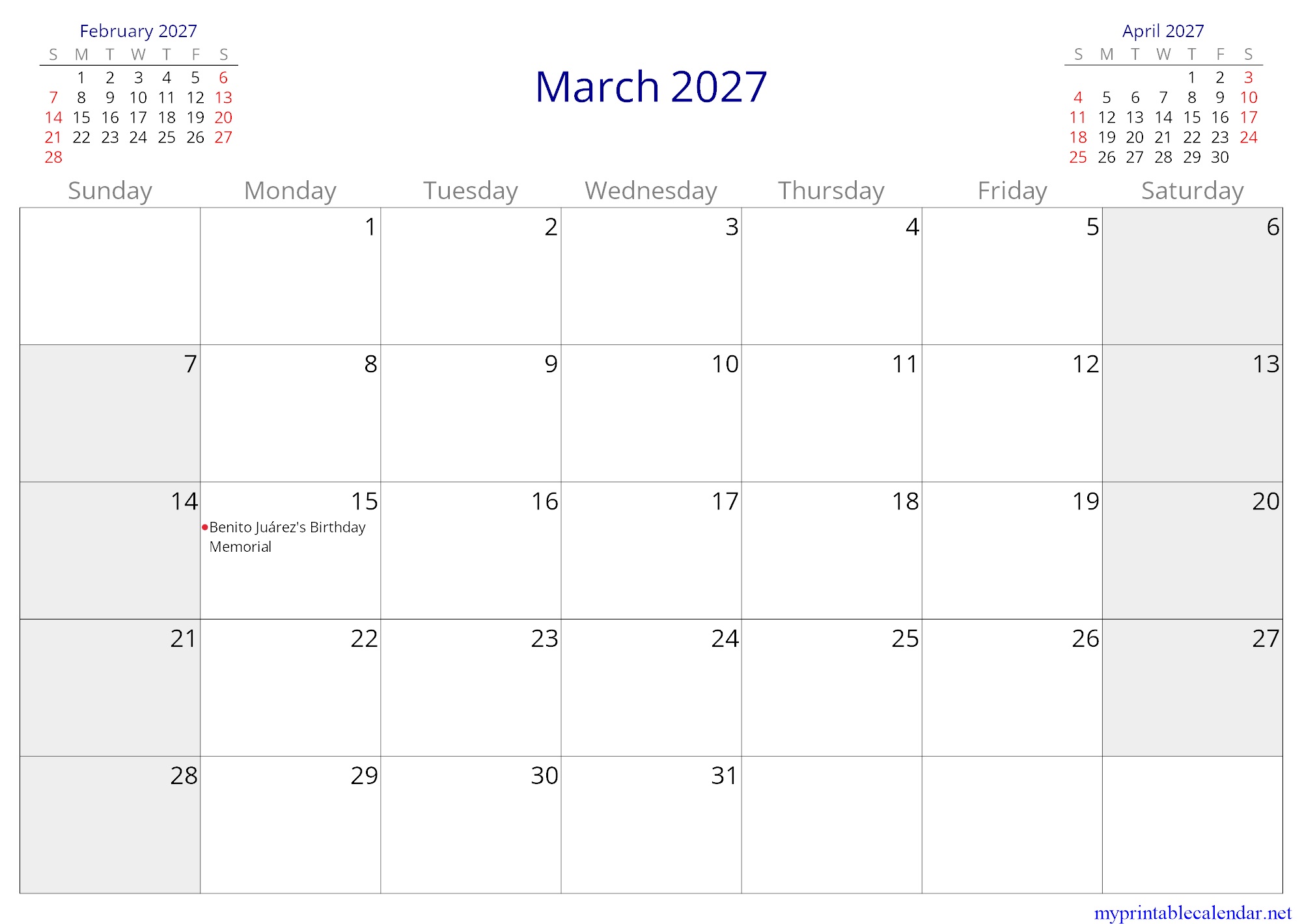 March 2027 monthly calendar, Mexico, in English jpg