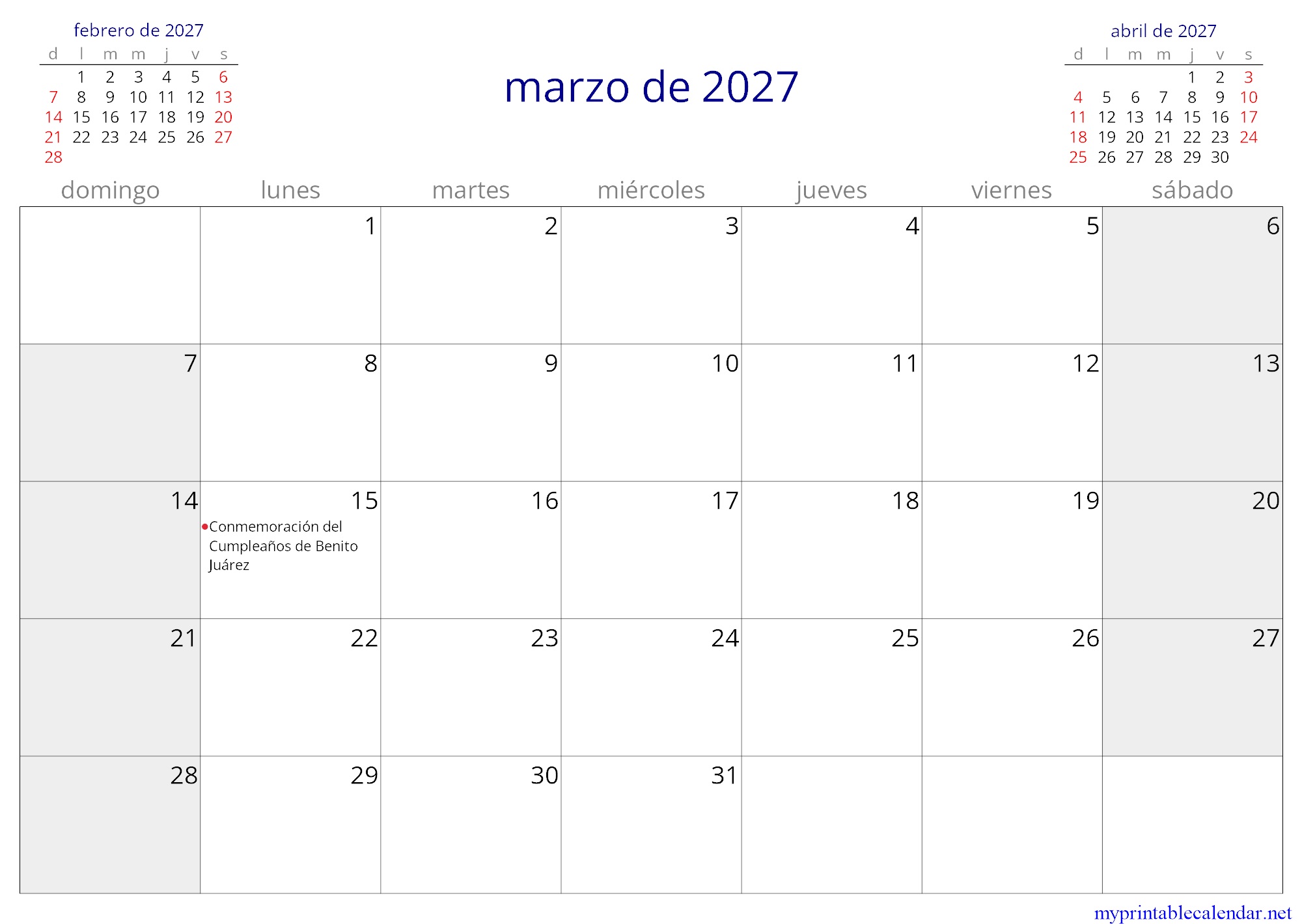 marzo de 2027 monthly calendar, Mexico, Spanish jpg