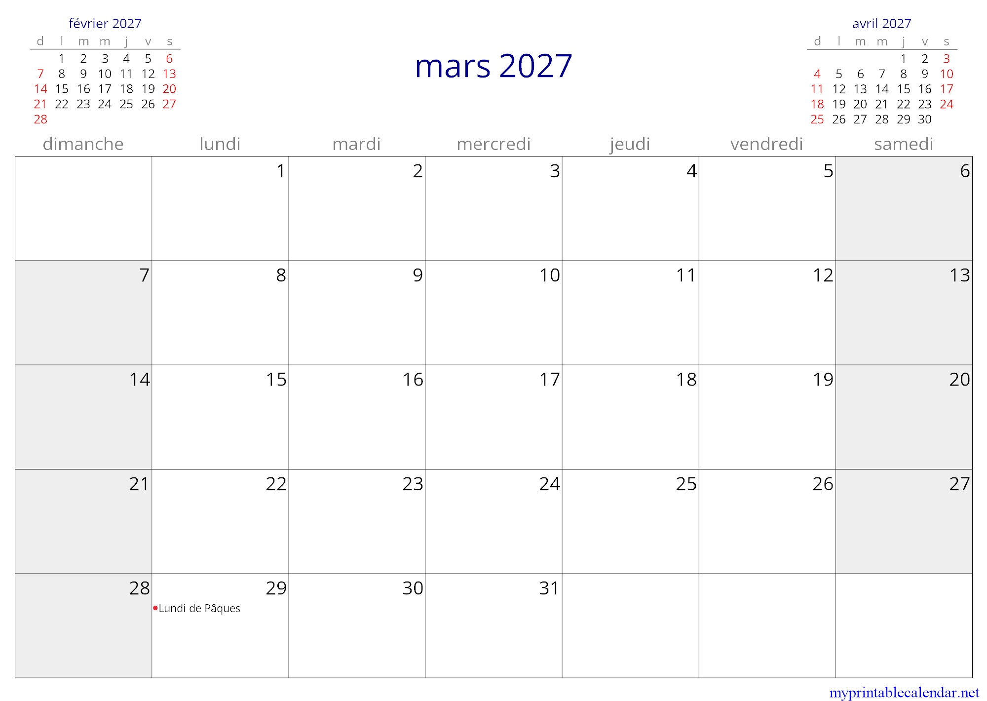 mars 2027 monthly calendar, Monaco, French jpg