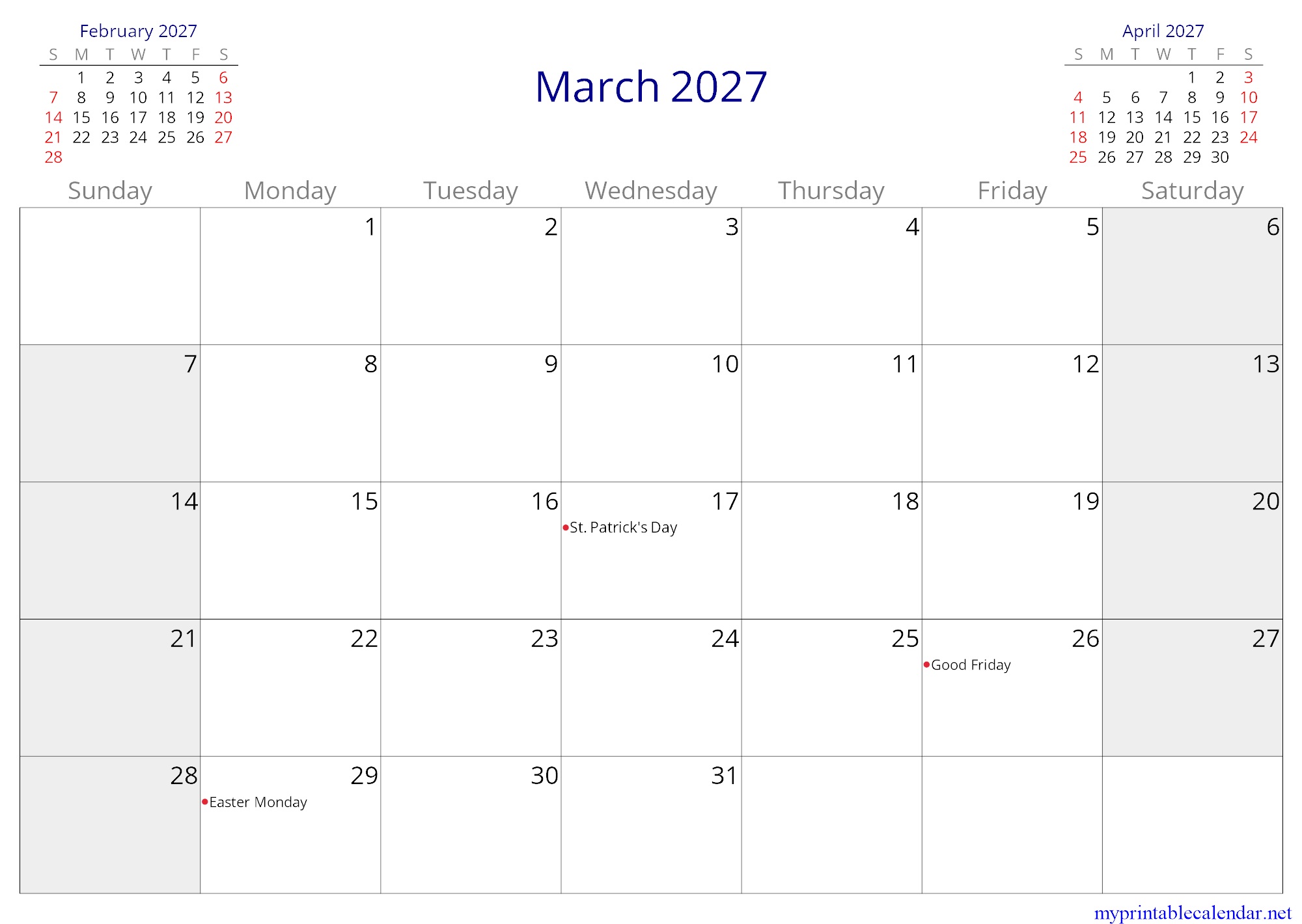 March 2027 monthly calendar, Montserrat, English jpg
