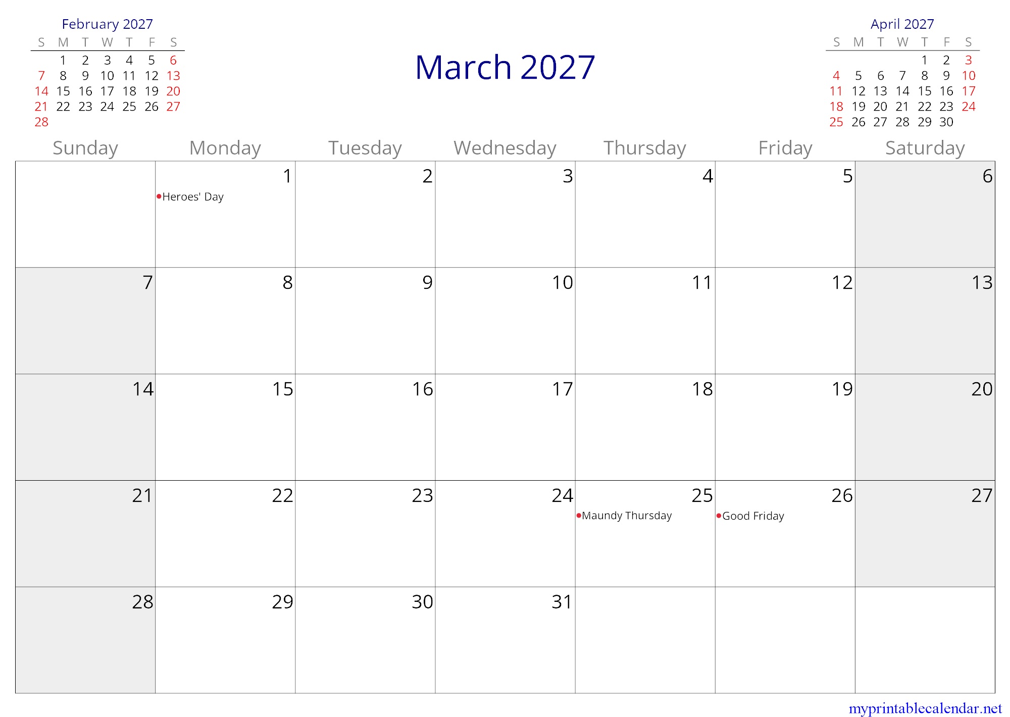 March 2027 monthly calendar, Paraguay, in English jpg