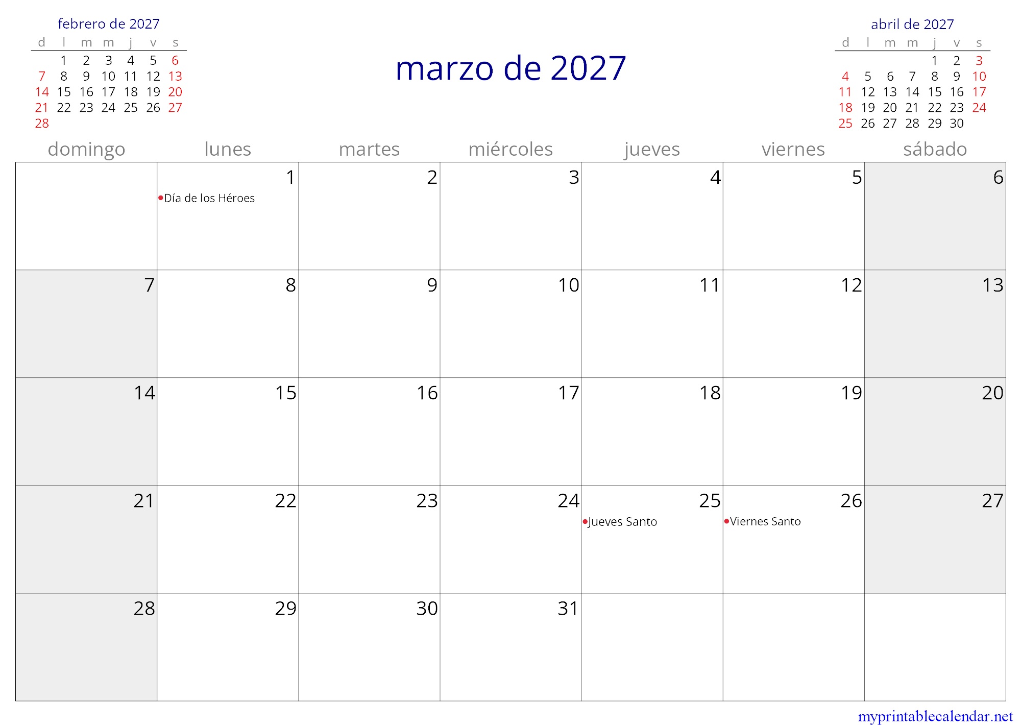 marzo de 2027 monthly calendar, Paraguay, Spanish jpg