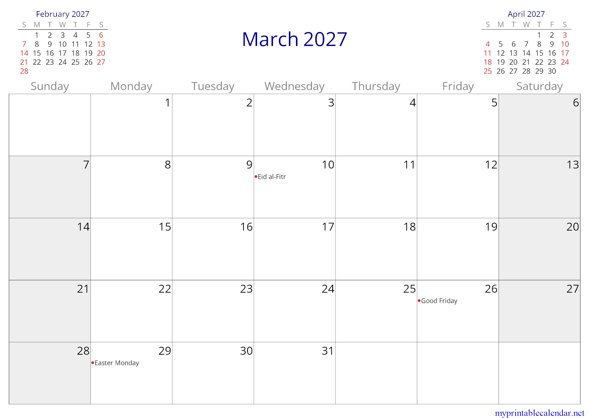March 2027 monthly calendar, Rwanda, English jpg