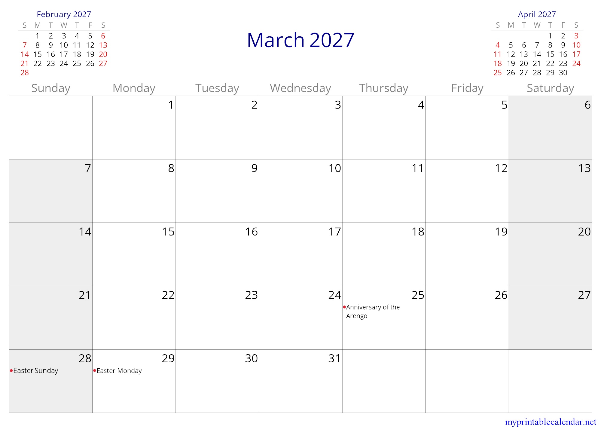 March 2027 monthly calendar, San Marino, in English jpg